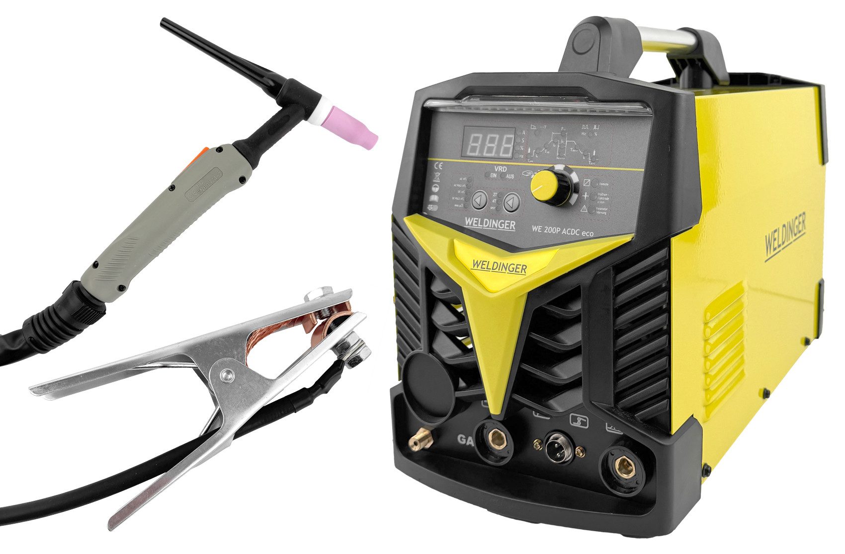WELDINGER Schutzgasschweißgerät WIG-Schweißinverter WE 200P AC/DC eco HF Puls Spot 200A für Aluminium, 10 - 200 A, 5-tlg., Arbeitslicht, VRD
