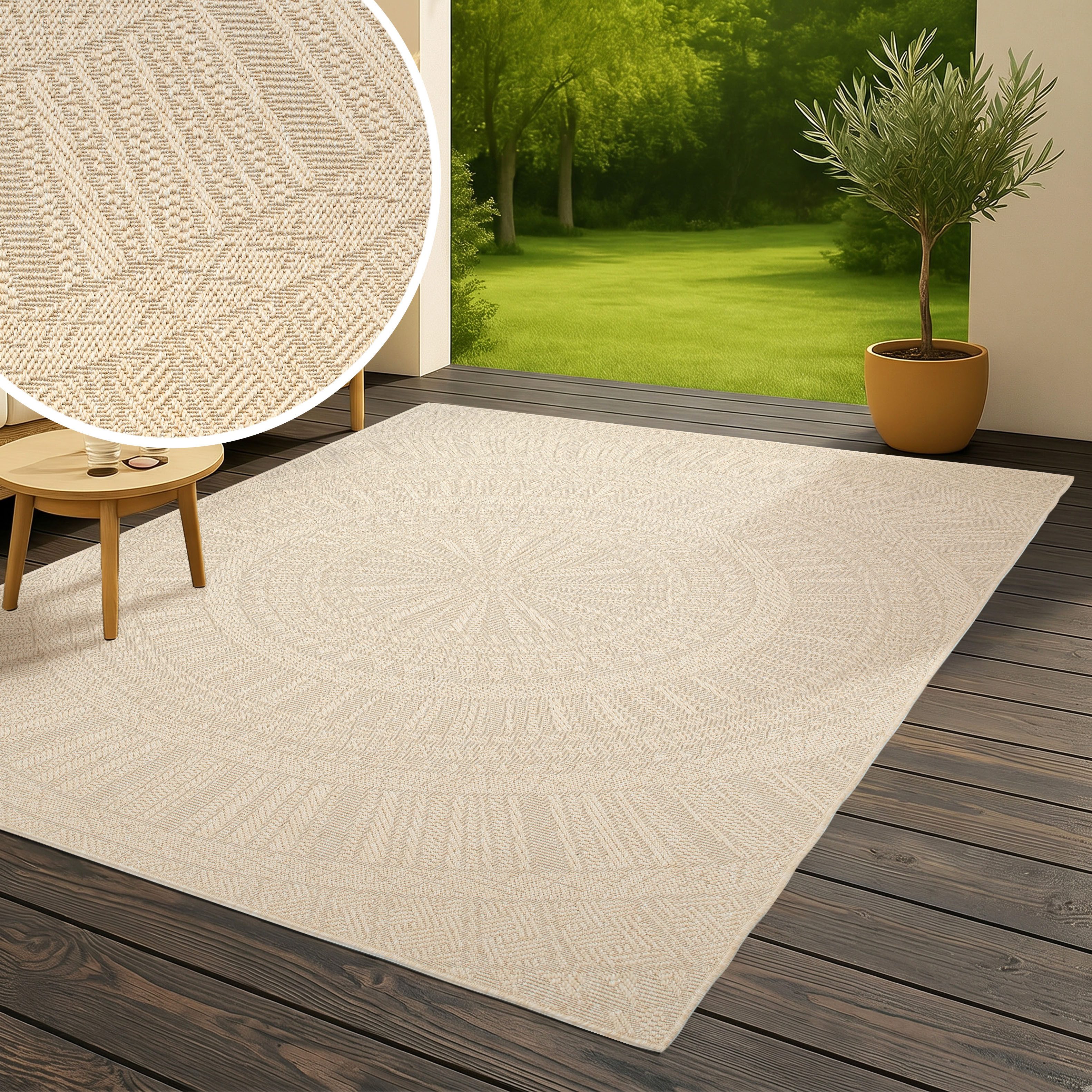 Bruno Banani Teppich Solan, ethno, boho-inspiriert, In- und Outdoor geeignet, rechteckig, Höhe: 5 mm, Mandala, Kreise, Küche, Wohnzimmer, Camping, Balkon