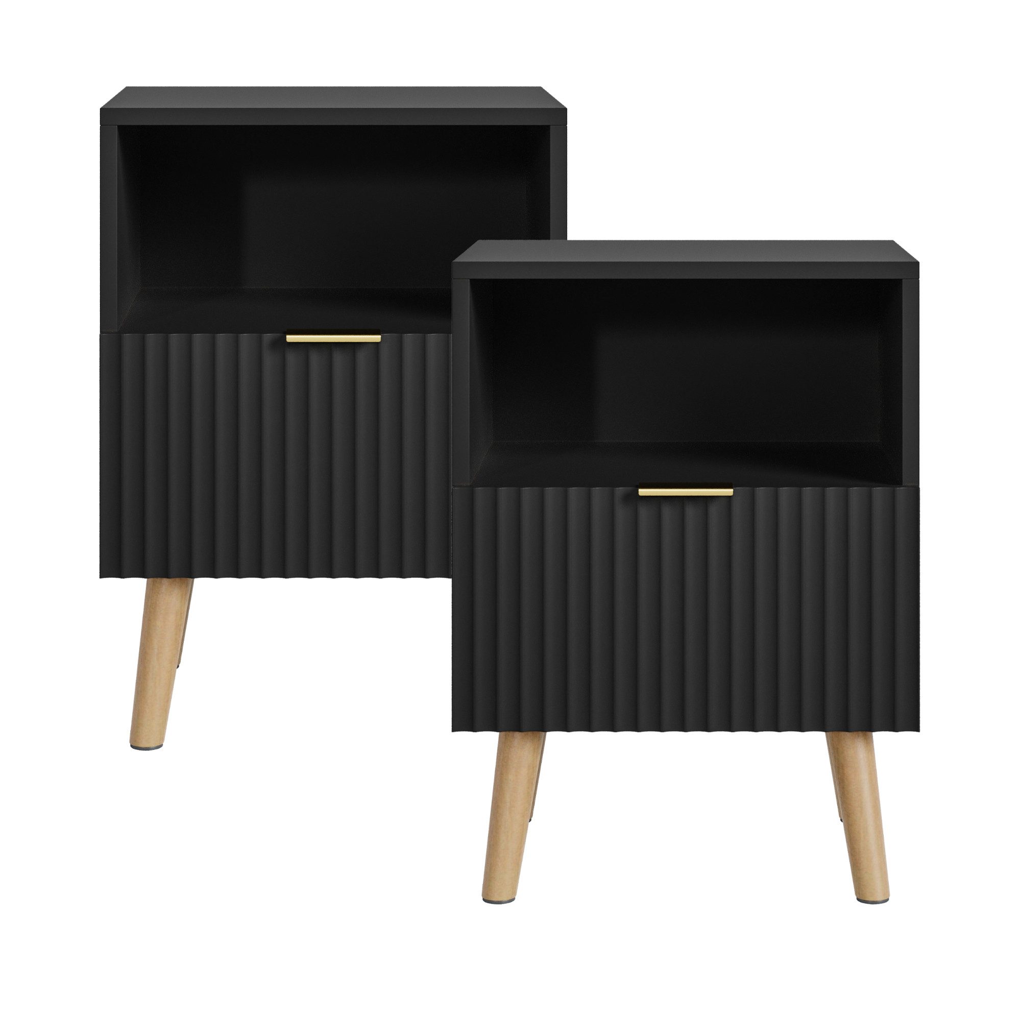 en.casa Nachttisch (Set, 2-St), »Nand« 1 Schublade 1 offenes Fach 55x40x30 cm Holzbeine Schwarz