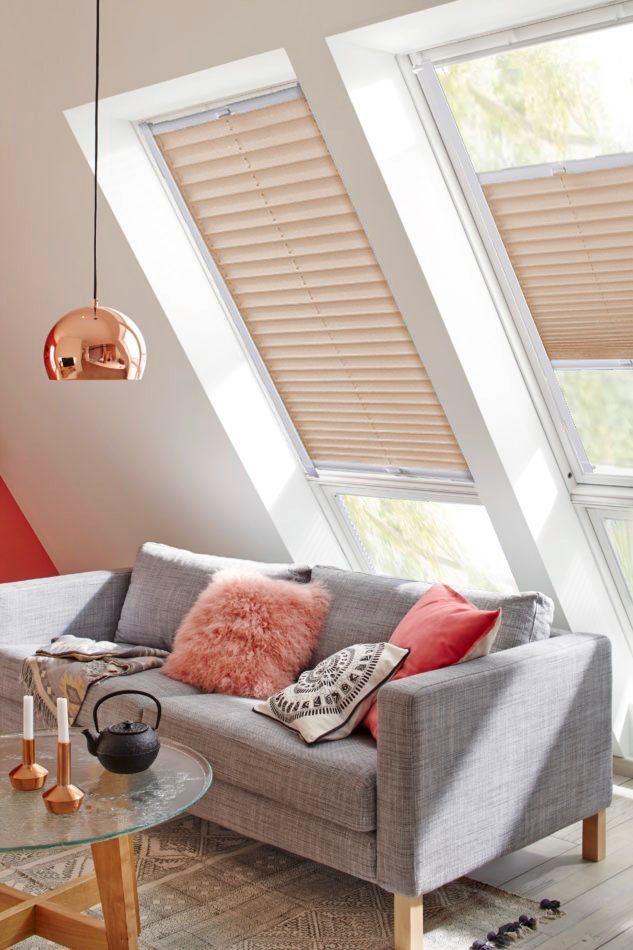 Dachfensterplissee StartUp Style Crepe, sunlines, mit sand Lichtschutz, verschraubt, verspannt, Führungsschienen