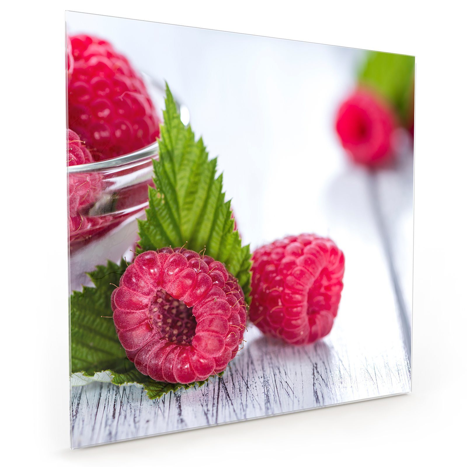 Primedeco Küchenrückwand Küchenrückwand Spritzschutz Glas mit Motiv Himbeeren mit Blatt