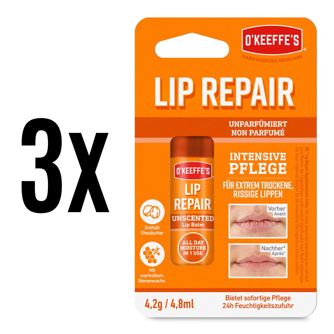 O'KEFFE'S Lippenpflegestift Lip Repair unparfümierter Lippenbalsam, 4,2 g, 3-tlg., Hypoallergen, Bis zu 24 Stunden Feuchtigkeit