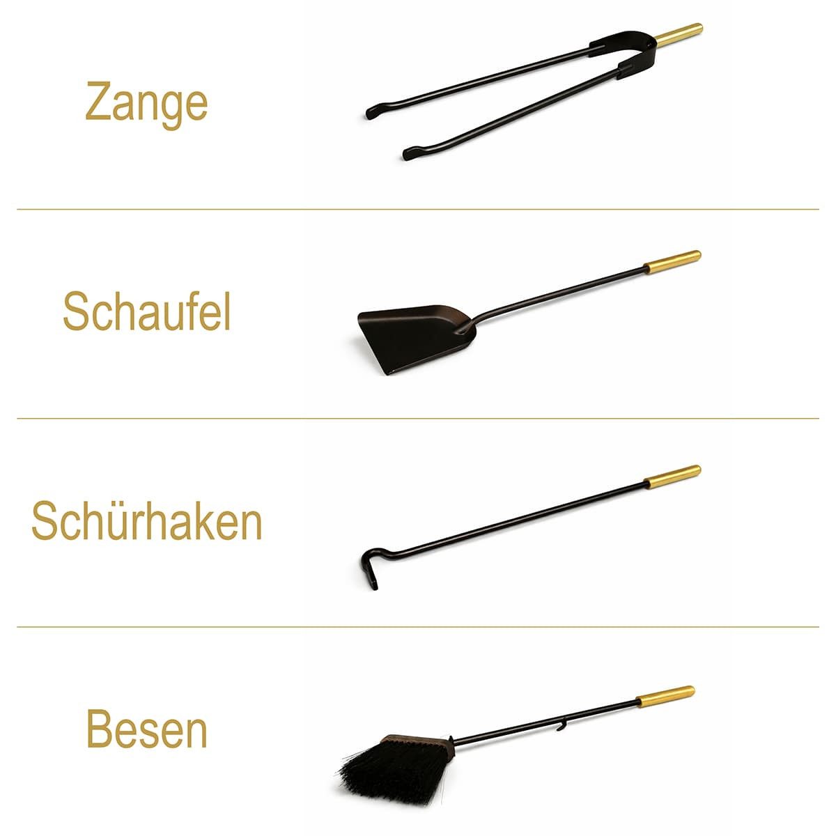 MS Beschläge Kamingarnitur Design Kaminset - Kaminbsteck Messing Ofenbesteck, Kaminzubehör 5-teilig - Kaminwerkzeug schwarz