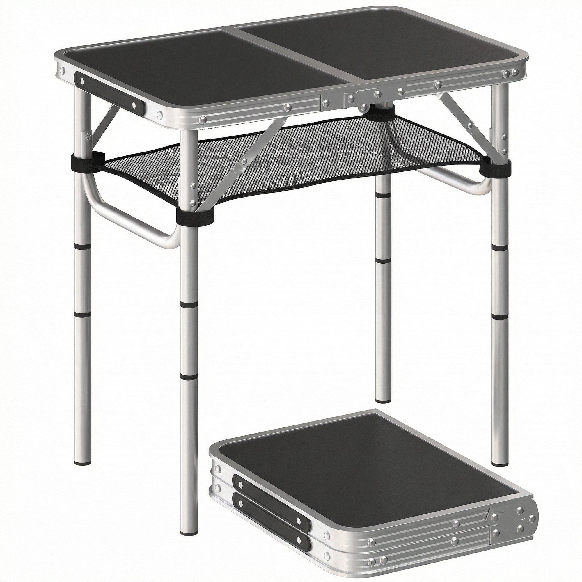 Outsunny Campingtisch mit Netzfach, 4 Höhenverstellungen, Tragegriff (Klapptisch, 1-St., Gartentisch aus Aluminium), für Garten Balkon Camping 60 x 40 cm Schwarz
