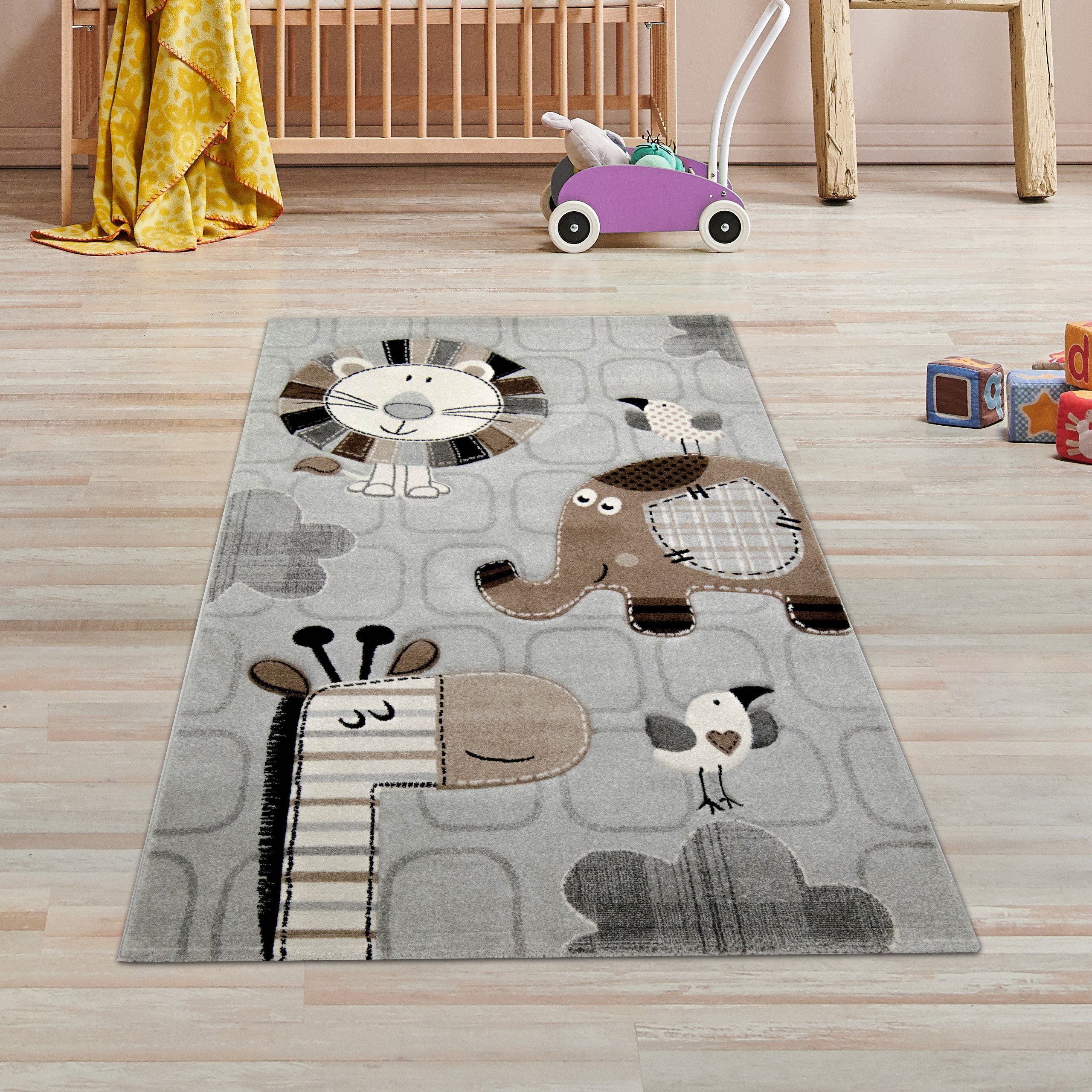 TeppichHome24 Kinderteppich Kinderteppich Zootiere grau, rechteckig, günstig online kaufen