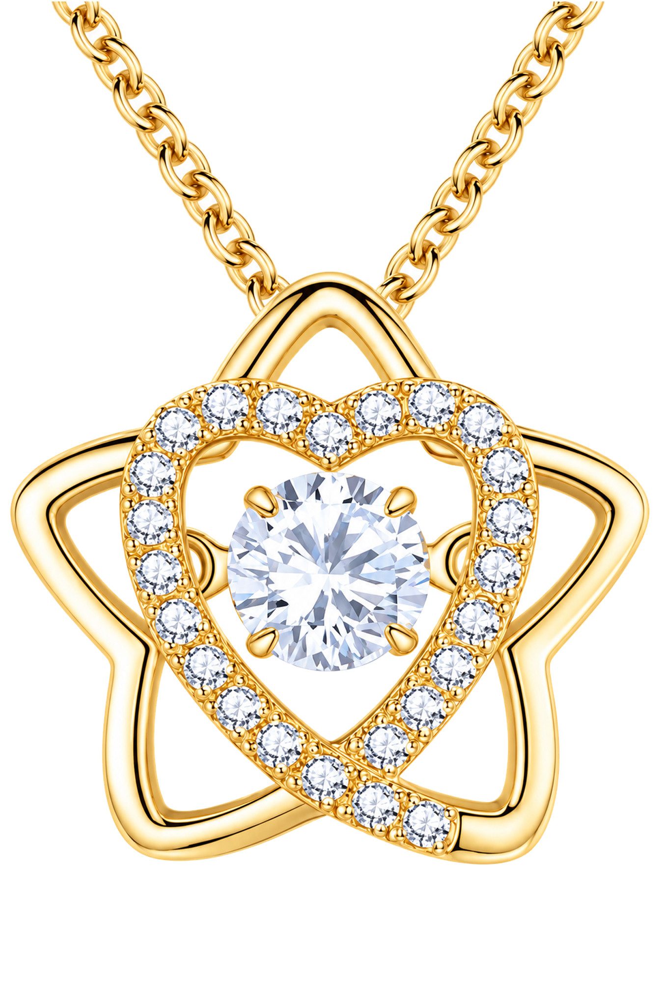 Limana Kette mit Anhänger Silberkette Damen 925 Herz Stern mit tanzendem Zirkonia (inklusive Schmuckdose und Geschenktasche mit „Für Dich), beweglich gefasster Glitzerstein, drei edle Farbvarianten