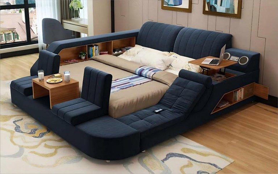 Xlmoebel Multimediabett XLMOEBEL Multifunktionsbett in Blau mit hochwertigem Holzgestell (Multifunktionsbett, blau), Made in Europa