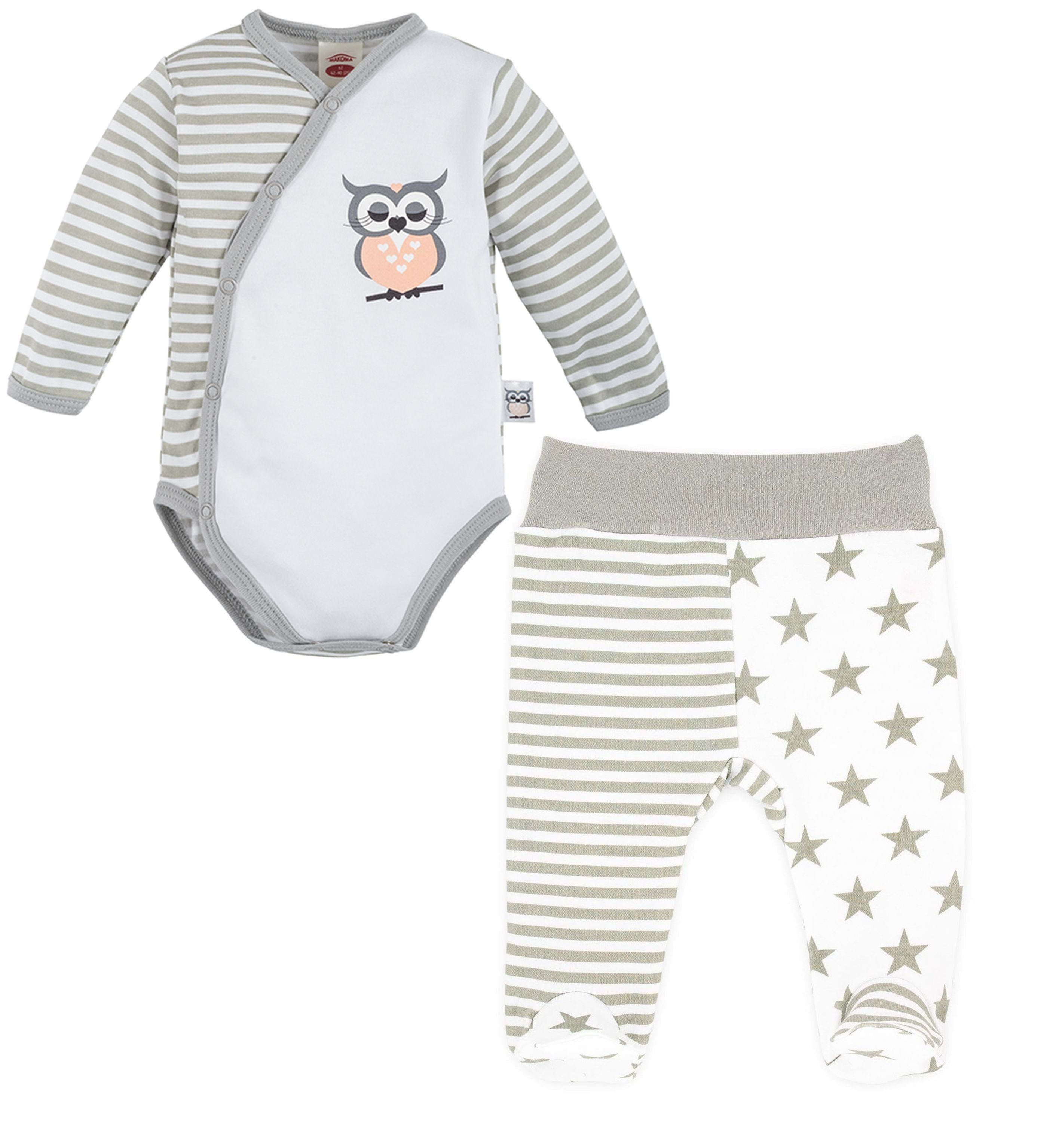 Makoma Body & Hose Streifen mit Mädchen Eule Baby 100% Baumwolle 2-tlg) Wickelbody Sterne Hose Erstausstattung Fuß (Set, &