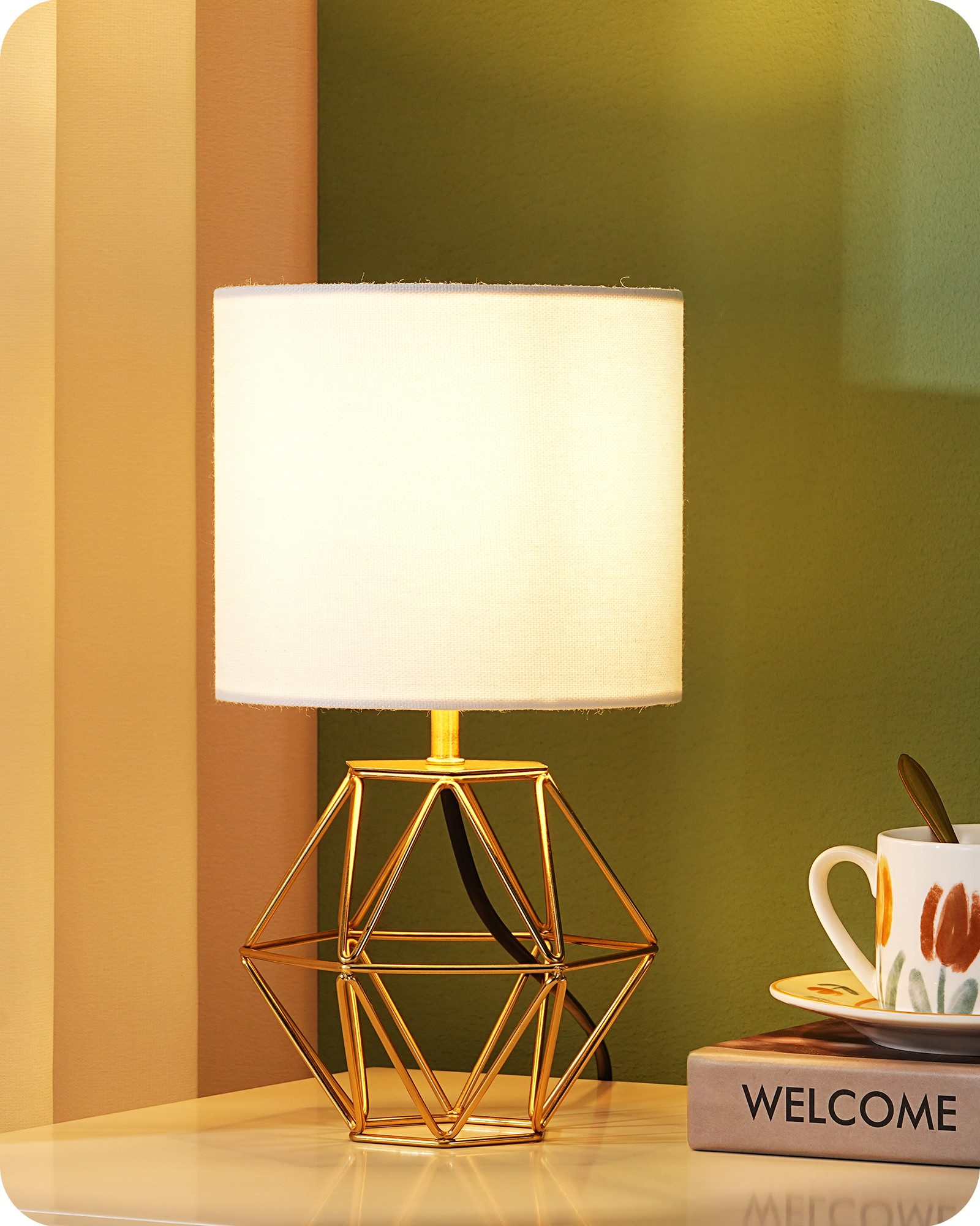 EDISHINE Nachttischlampe mit rautenförmigem Metallfuß, LED wechselbar, 2700 K Warmweiß, Vintage Tischleuchte mit E14 Leuchtmittel