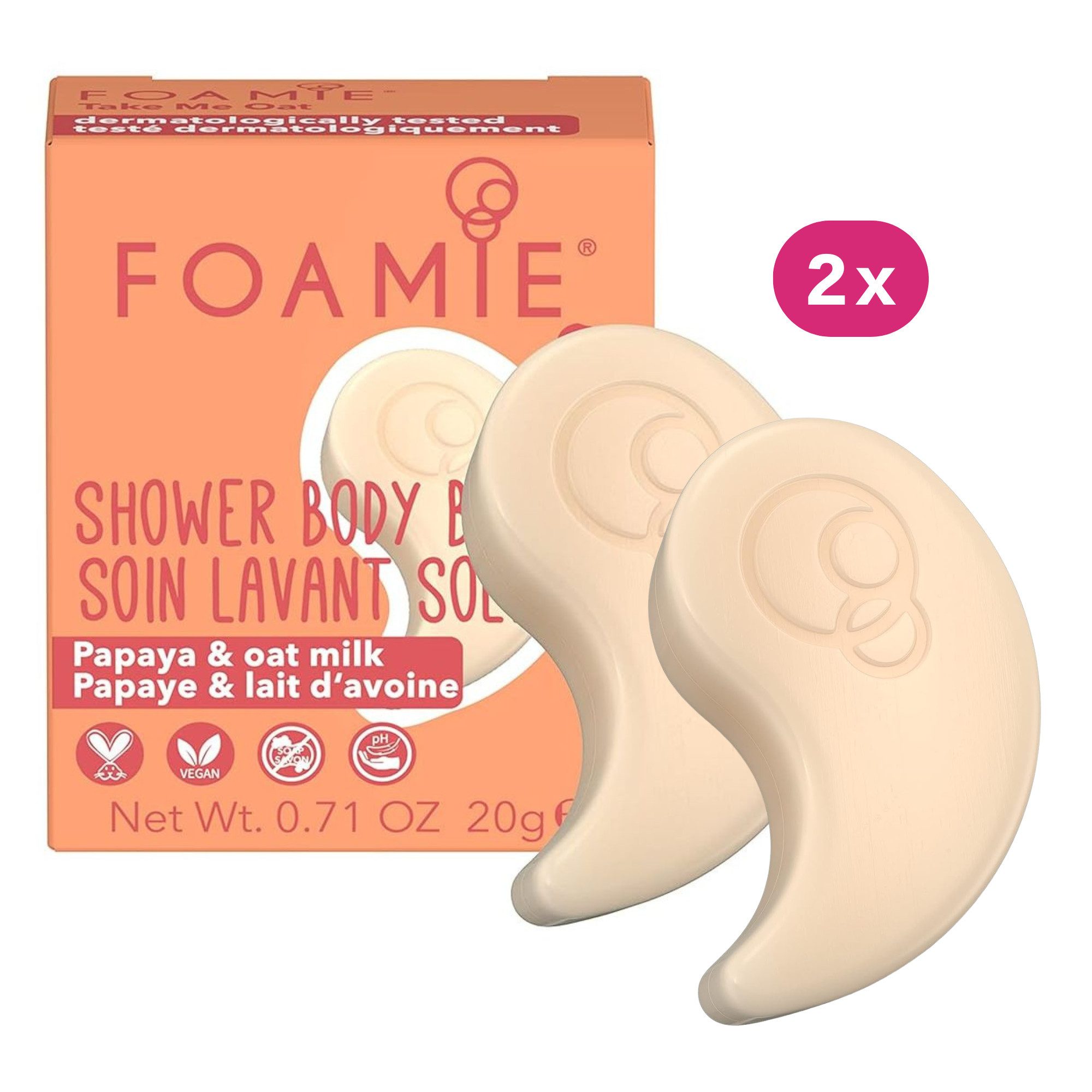 FOAMIE Feste Duschseife Foamie Feste Seife Duschgel, Reisegröße, Papaya & Hafermilch, 2x20g, Plastikfrei, Vegan, ohne Silikone, Parabene, Sulfate
