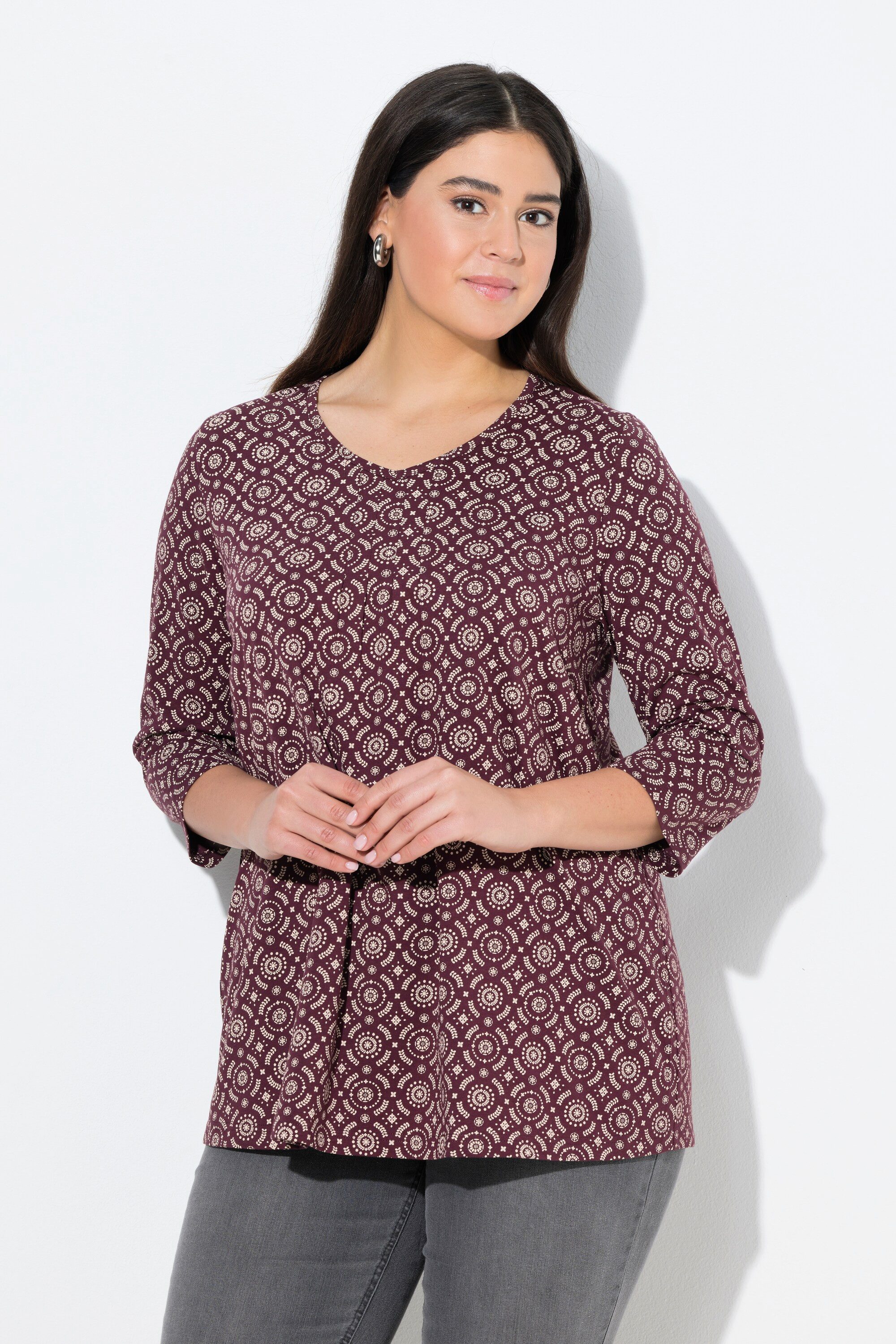 Ulla Popken T-Shirt Shirt A-Linie Zierfalten V-Ausschnitt 3/4-Arm günstig online kaufen