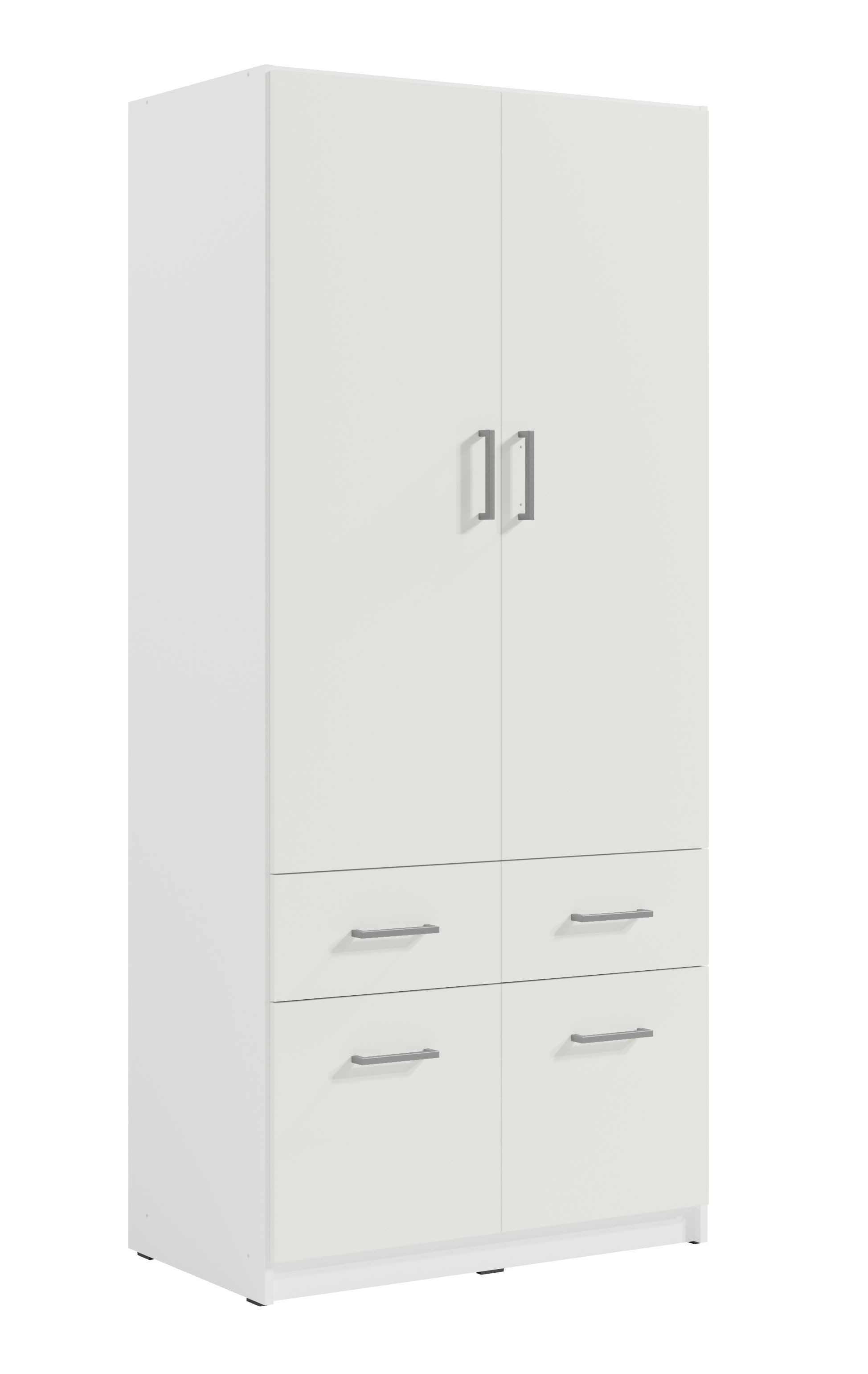 Masseno Drehtürenschrank RYGEN 90,9 cm Kleiderschrank 2 Türen und 4 Schubladen Weiß