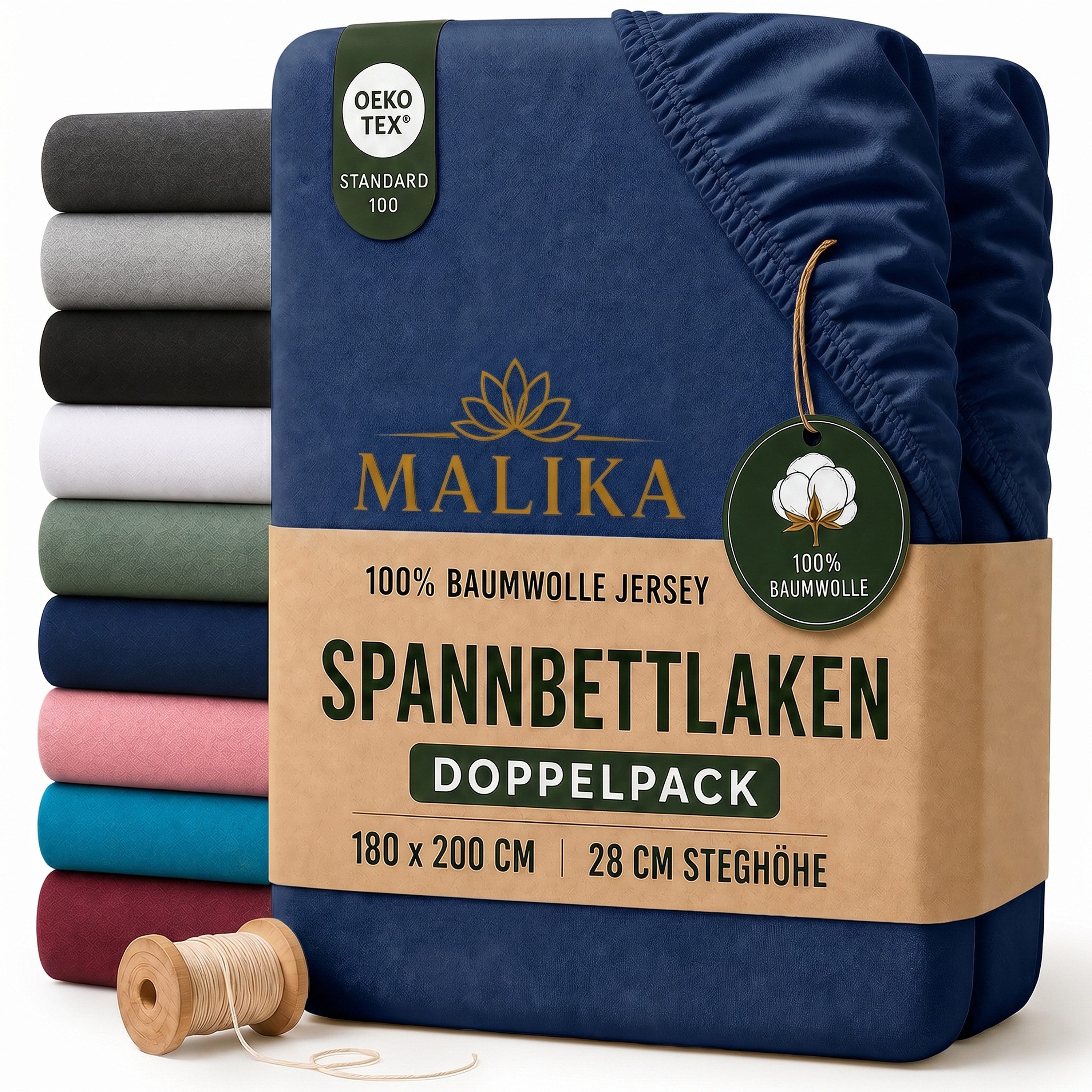 Malika Spannbettlaken aus 100% Baumwolle, 90-100x200, Navy-Blau, Jersey Baumwolle, Gummizug: Ja, (2 Stück), Allergikergeeignet, Pflegeleicht und Atmungsaktiv
