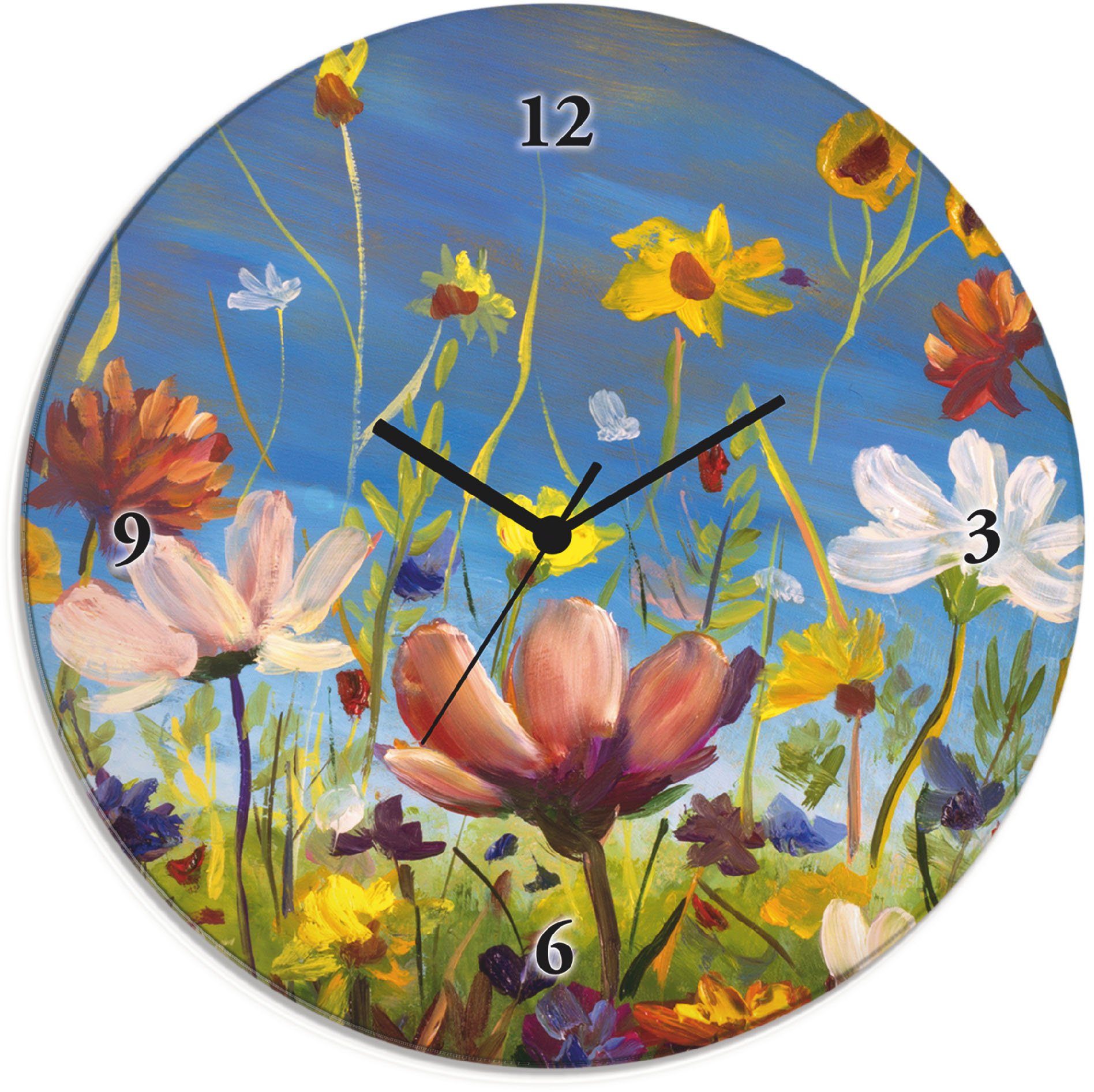 Artland Wanduhr Glasuhr rund Wildblumenwiese (wahlweise mit Quarz- oder Funkuhrwerk, lautlos ohne Tickgeräusche)