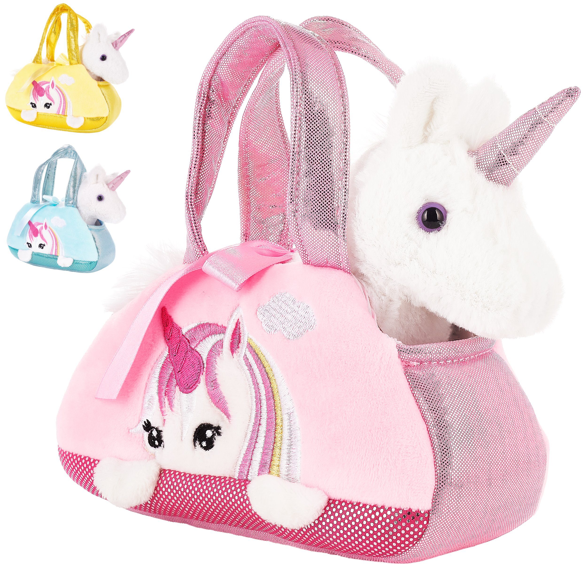 BRUBAKER Kuscheltier Einhorn Tasche Weiß 20 cm (1-St., Plüschtier in Handtasche), Glitzer Stofftier