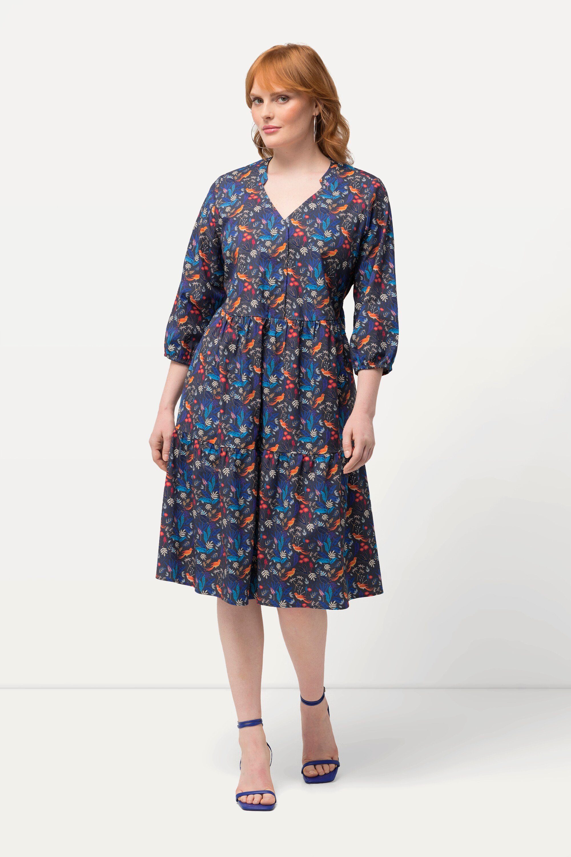 Jerseykleid Tunikakleid Paradiesvögel V-Ausschnitt 3/4-Arm