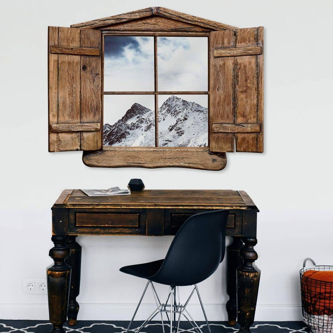 K&L Wall Art Wandtattoo 3D Wandtattoo Winter Gebirge Aufkleber Vintage Schnee Skihütte Bergspitze, Holzfenster Wandbild selbstklebend