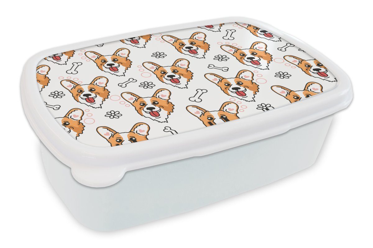 MuchoWow Lunchbox Muster - Hund - Corgi - Jungen - Mädchen - Kinder - Kinder, Kunststoff, (2-tlg), Brotbox für Kinder und Erwachsene, Brotdose, für Jungs und Mädchen weiß