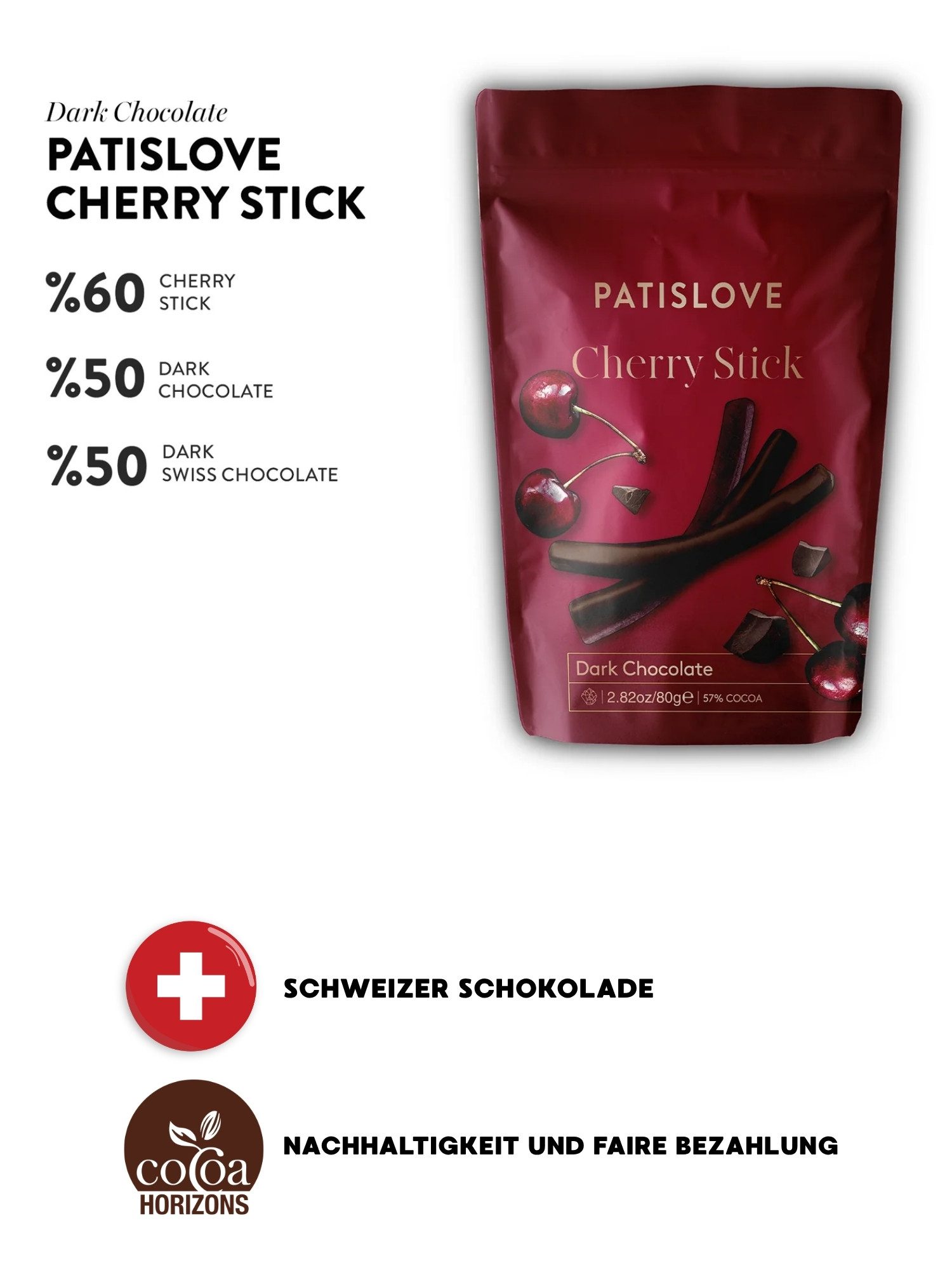 PATISLOVE Schokolade Patislove Zartbitterschokolade Kirsch-Sticks, Schoko-Stäbchen, 80g, Fruchtige Kirschfüllung, Zartbitterschokolade, Premium-Snack