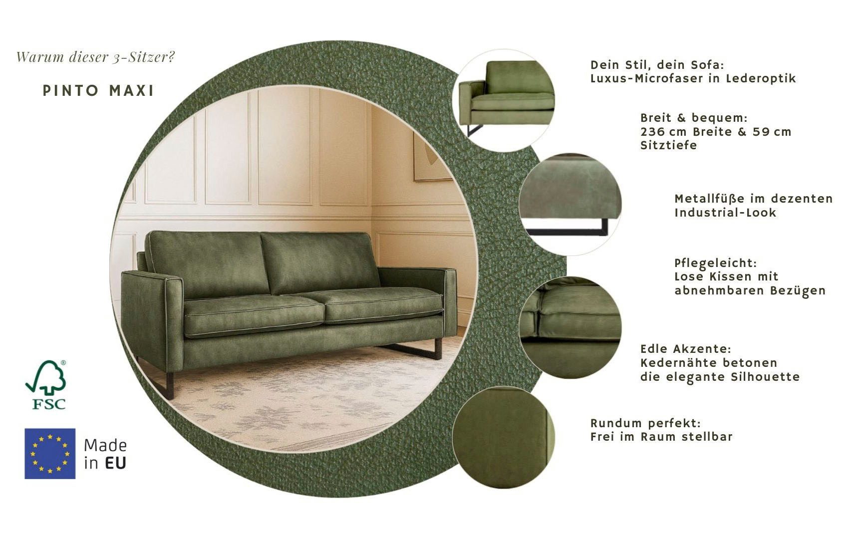 OTTO home 3-Sitzer Maxi-Ausführung Pinto, 236 cm, Cord, Chenille, Lederoptik, mit Keder, schwarze Metallfüße, Wellenunterfederung – Bild 3 von 5
