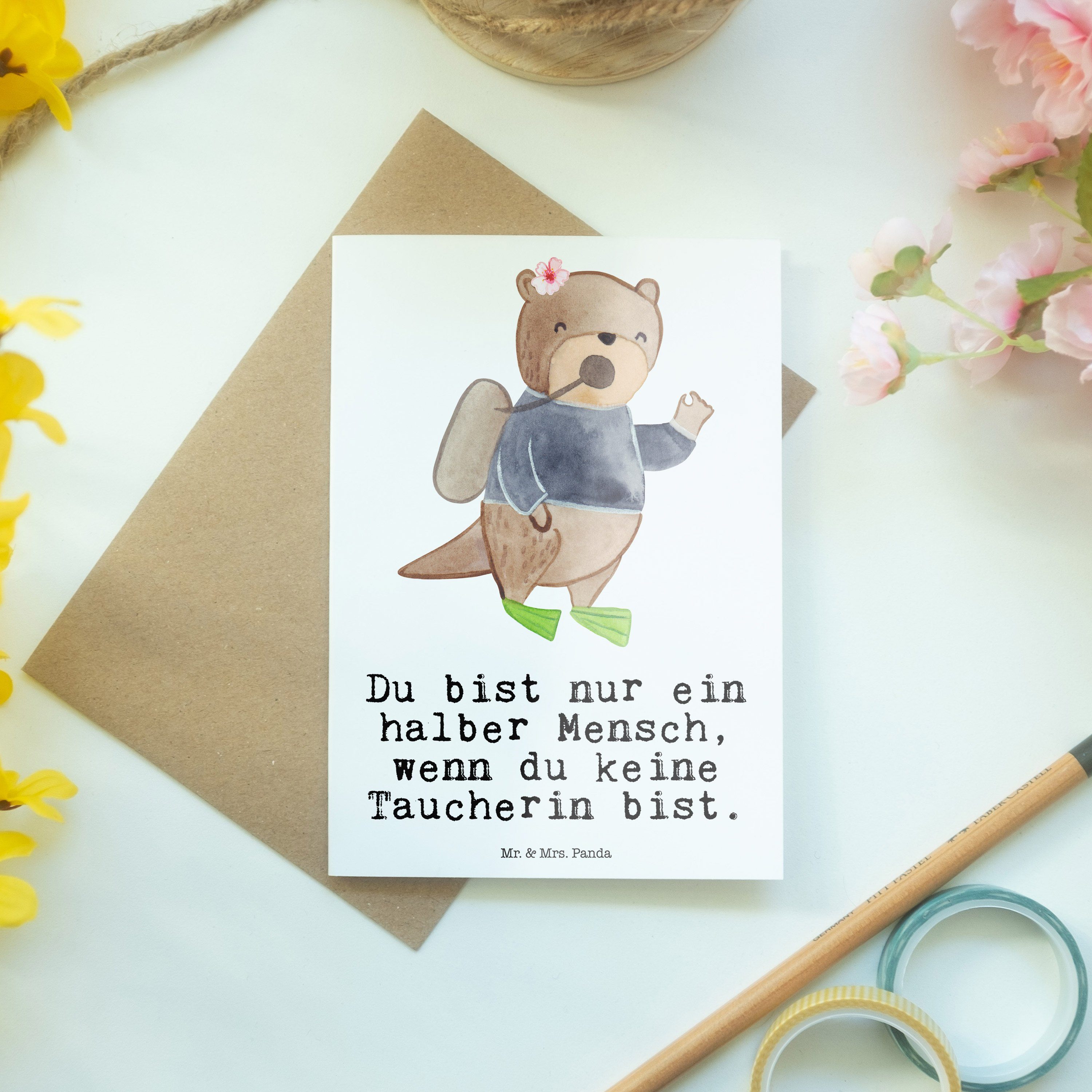 - Grußkarte Panda - Weiß Dan Jubiläum, Glückwunschkarte, Mr. & Mrs. Taucherin Herz mit Geschenk,