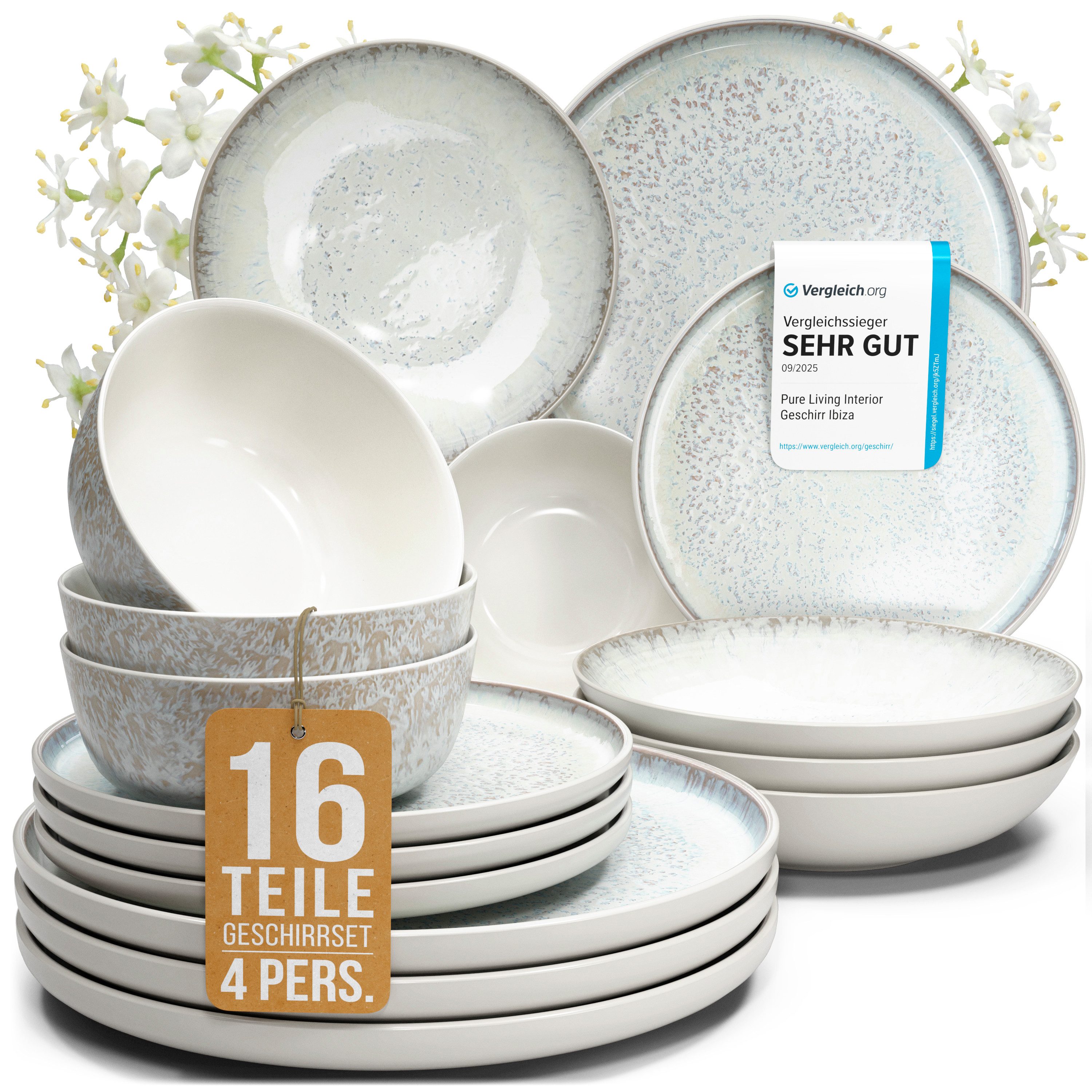 PURE LIVING INTERIOR DESIGN Geschirr-Set Ibiza aus Steingut, 16-tlg., für 4 Personen, Beige (16-tlg), 4 Personen, Steingut
