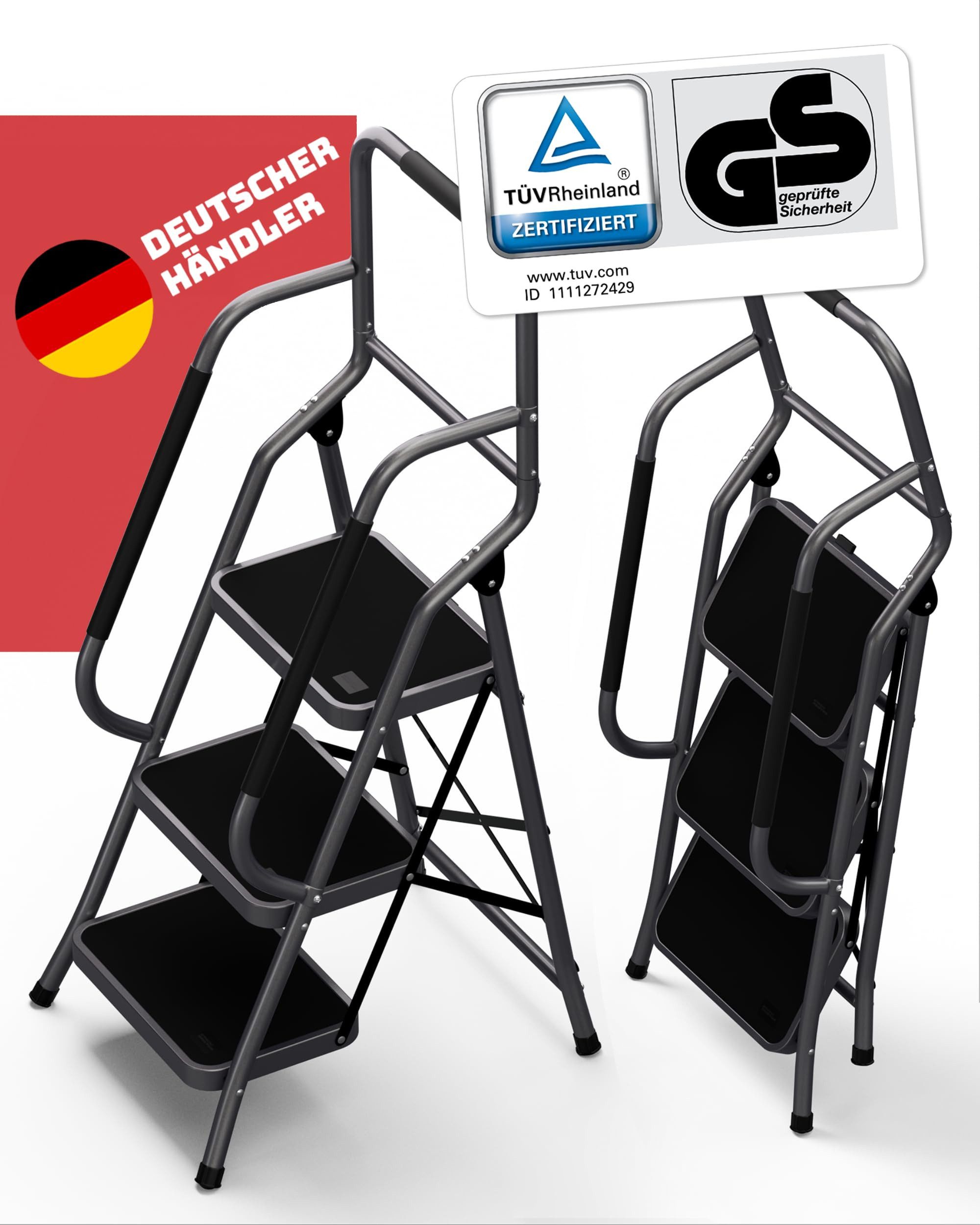Stackmeister Klapptritt Sicherheitsleiter (TÜV zertifiziert, belastbar 150kg, 3-stufig erhältlich), rutschfeste Trittleiter mit Handlauf, klappbar