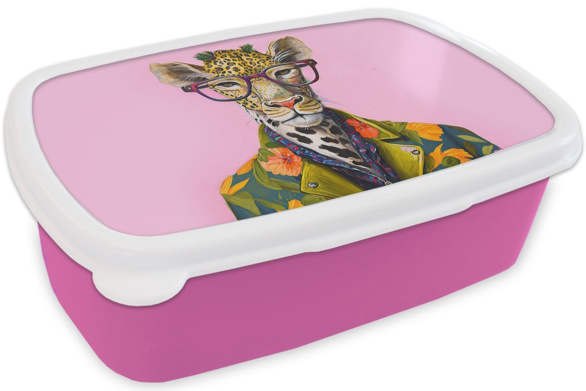 MuchoWow Lunchbox Tiere - Giraffe Brotbox Mädchen, - Erwachsene, Kinder, Snackbox, (2-tlg), - rosa Kunststoff, Brotdose Kunststoff Brille Blumen, für