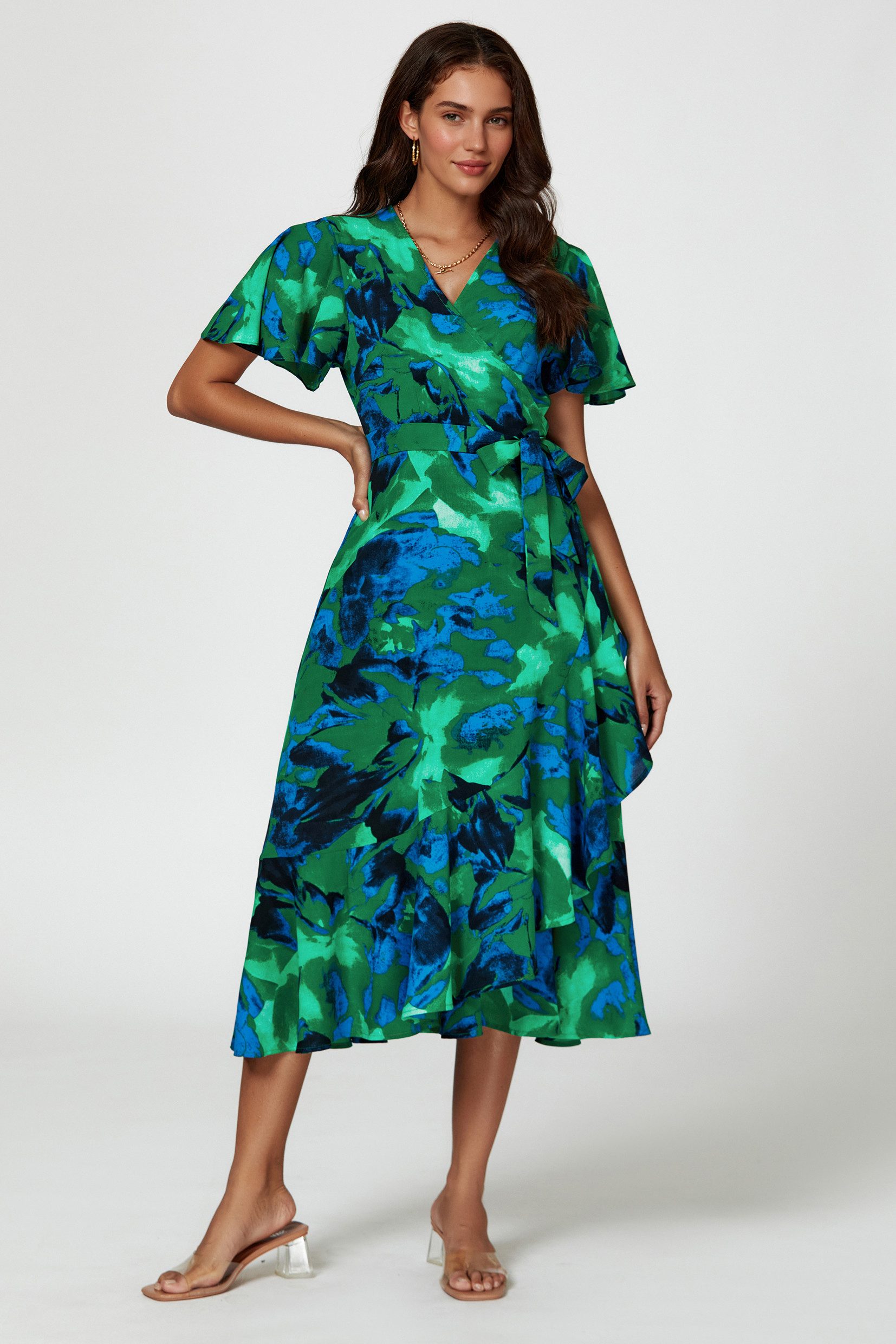 FS Collection Wickelkleid Damen Midi-Wickelkleid V-Ausschnitt mit Blumenmuster und Gürtel Wickeloptik mit Blumenmuster, Gürtel und Rüschensaum