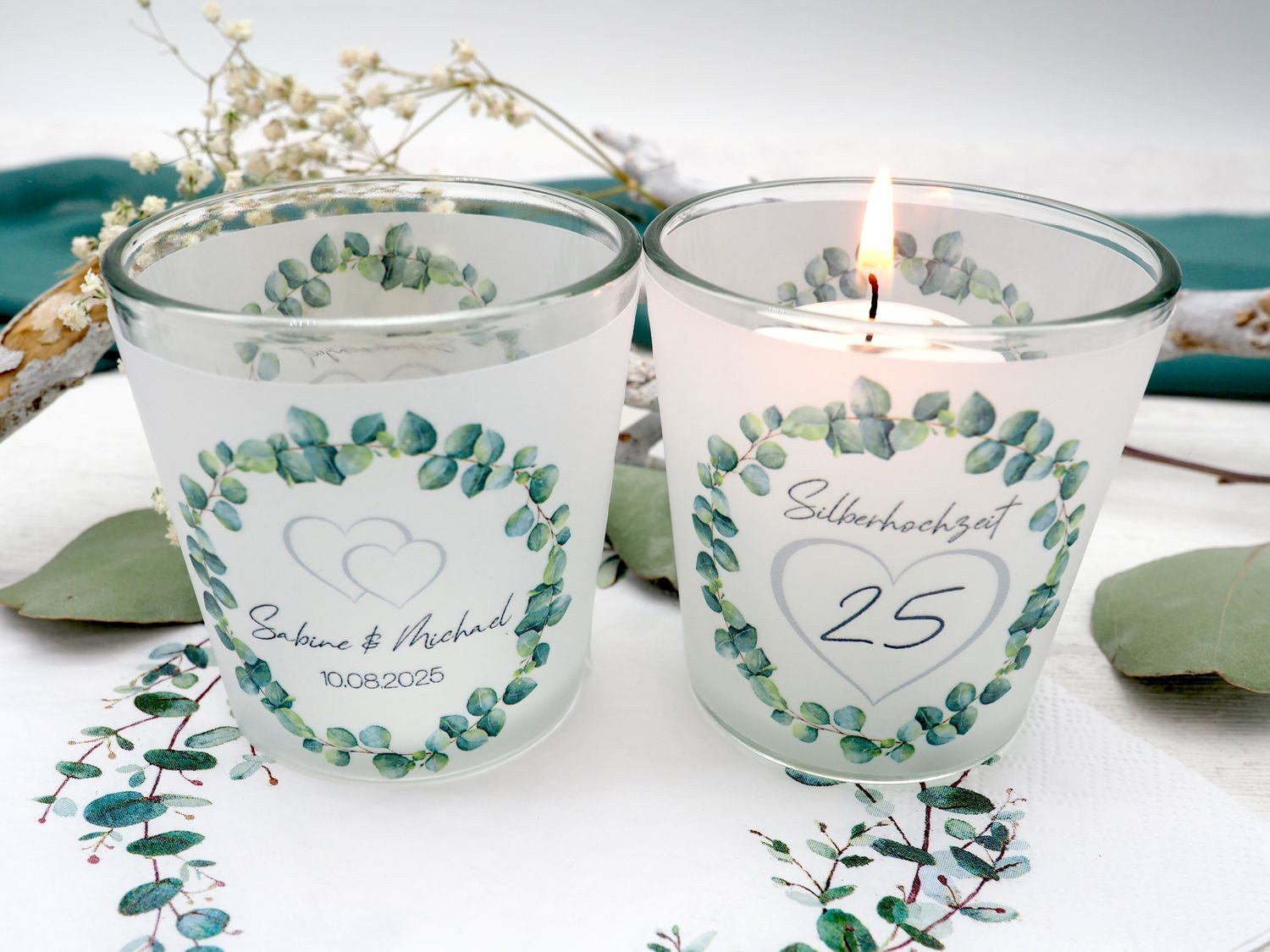 ZauberDeko Windlicht Windlicht Banderole Silberhochzeit Eukalyptus günstig online kaufen