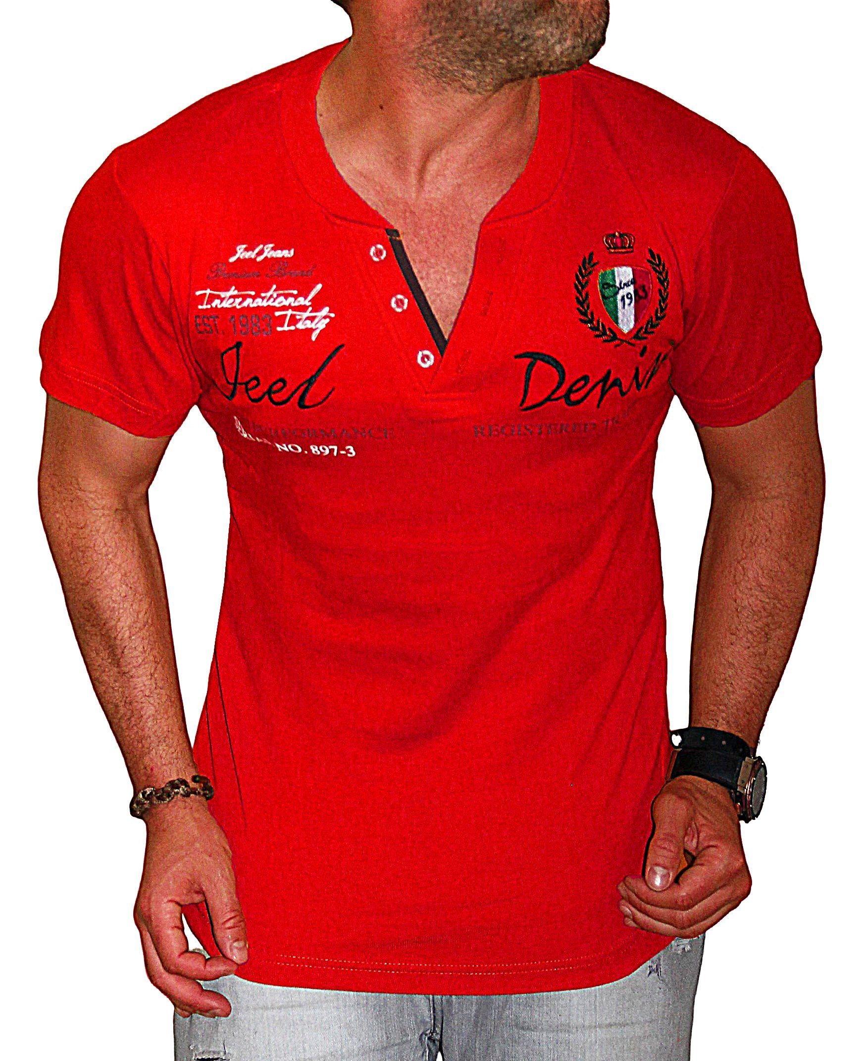 Freizeitshirt Rot Slim-Fit V Streewear Herren V-Neck T-Shirt JEEL Kragen