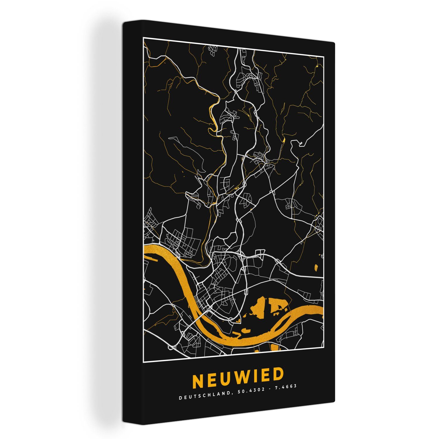 OneMillionCanvasses® Leinwandbild Neuwied - Gold - Stadtplan - Deutschland - Karte, (1 St), Leinwandbild fertig bespannt inkl. Zackenaufhänger, Gemälde, 20x30 cm