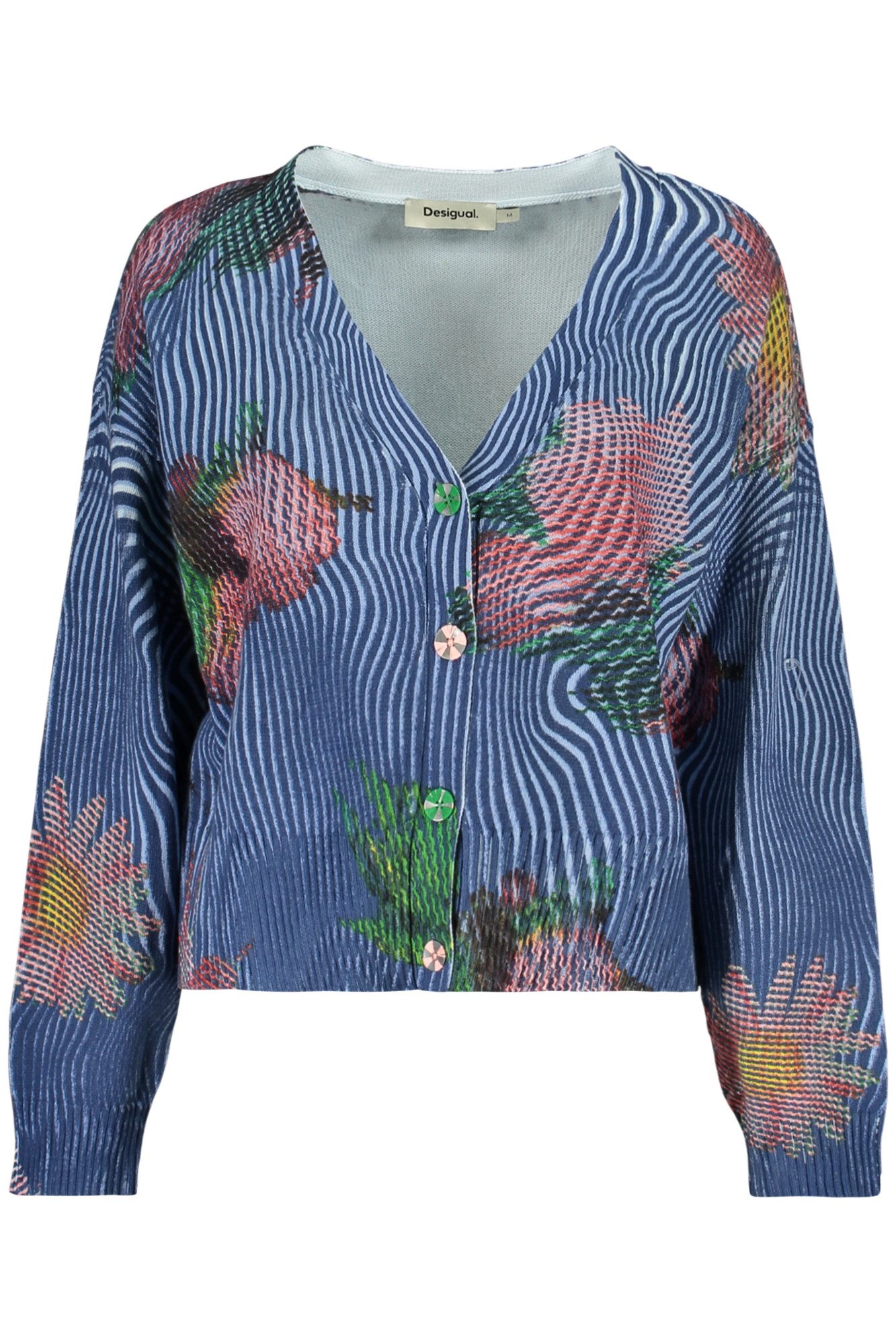 Desigual Strickpullover Blaue Strickjacke Damen mit Muster - Langarm-Cardigan V-Ausschnitt