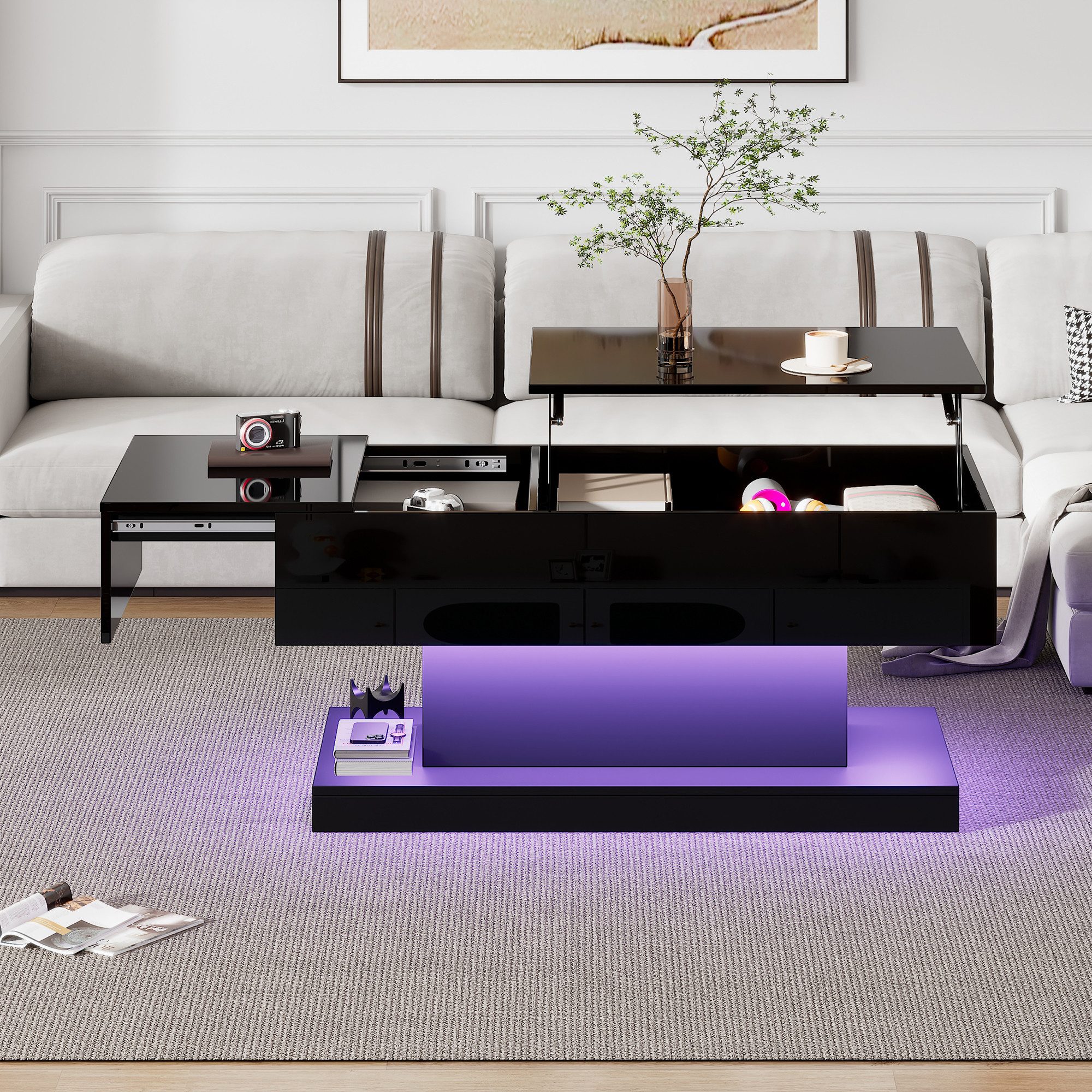 OKWISH Couchtisch mit LED-Beleuchtung (Hochglanz-Lift-Teetisch, 1-St., günstig online kaufen