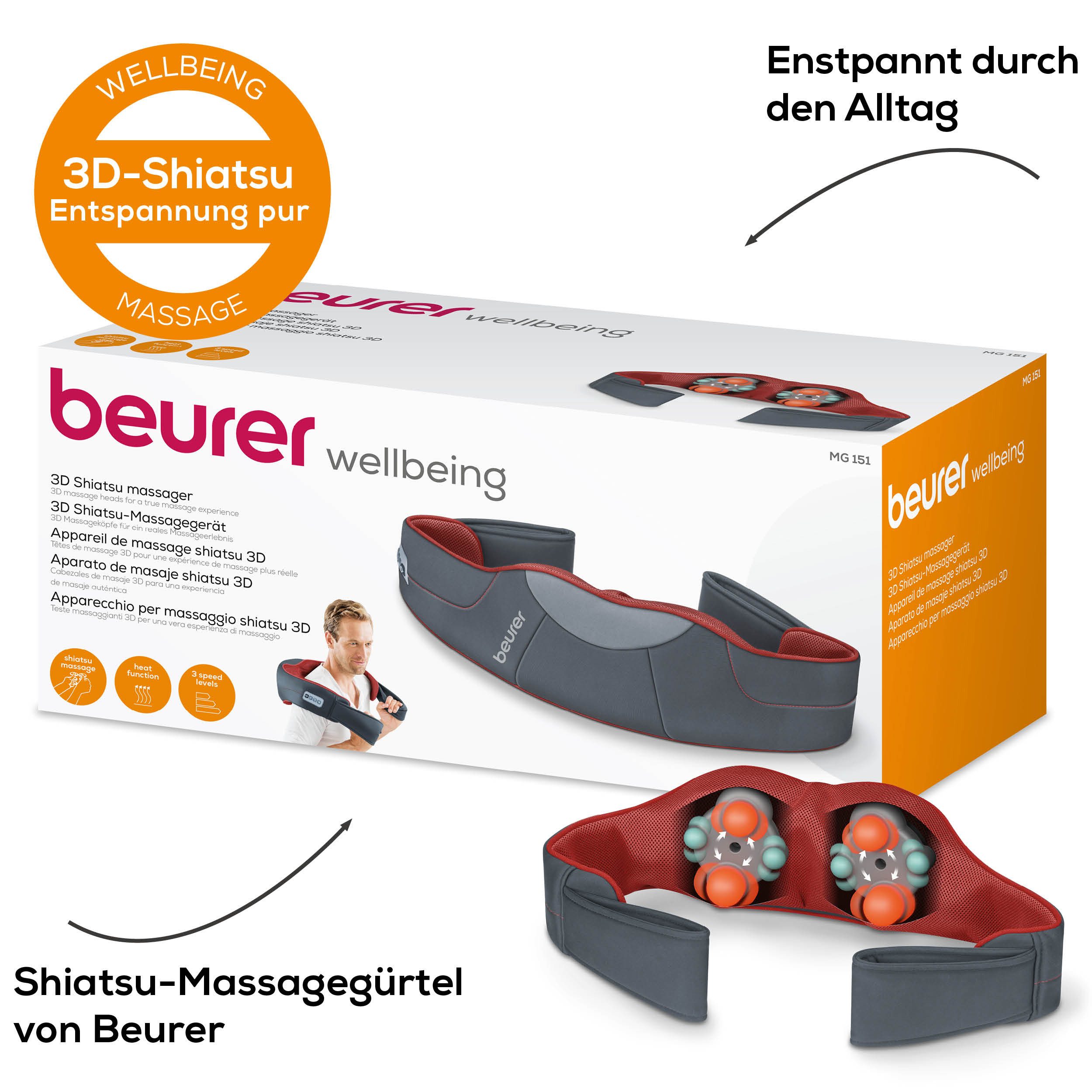 BEURER Shiatsu-Massagegerät MG 151 für ein reales Massageerlebnis durch 3D Rückenmassage, Mit Licht- und Wärmefunktion, 3 Intensitätsstufen, Abschaltautomatik