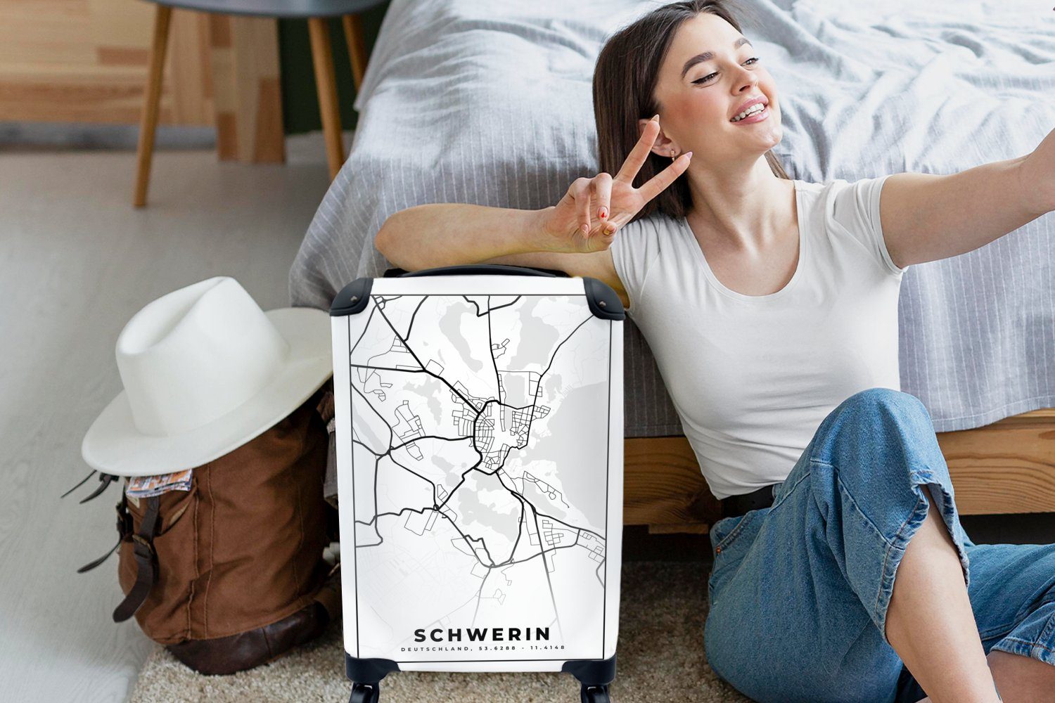 rollen, Reisekoffer Karte Ferien, Handgepäck mit Stadtplan Schwerin - Rollen, - Straßenplan, für MuchoWow - Trolley, 4 Handgepäckkoffer Reisetasche