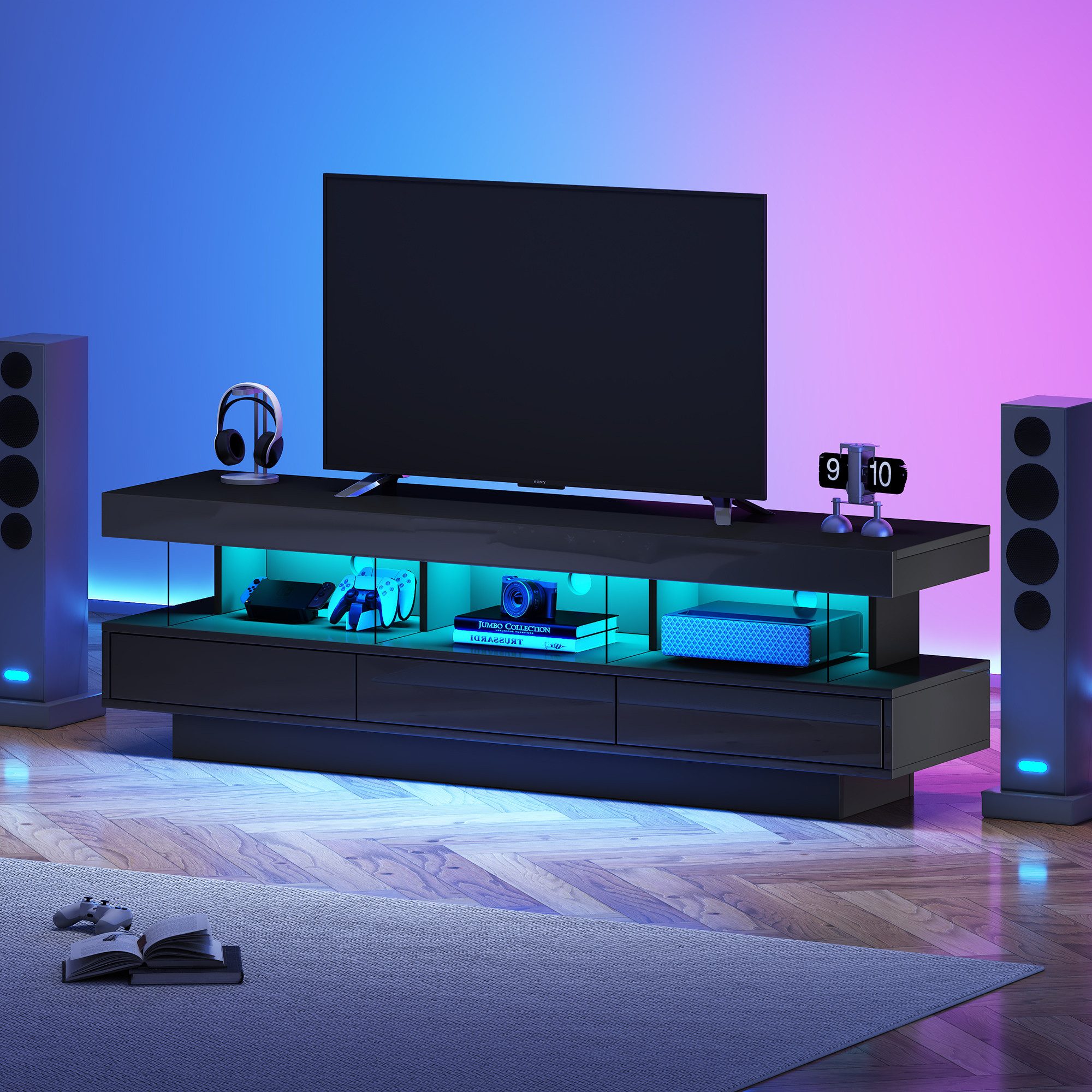 HAUSS SPOLE Wohnzimmer-Set Hochglanz-TV-Ständer mit 3 Glasablagen, LED-Bele günstig online kaufen