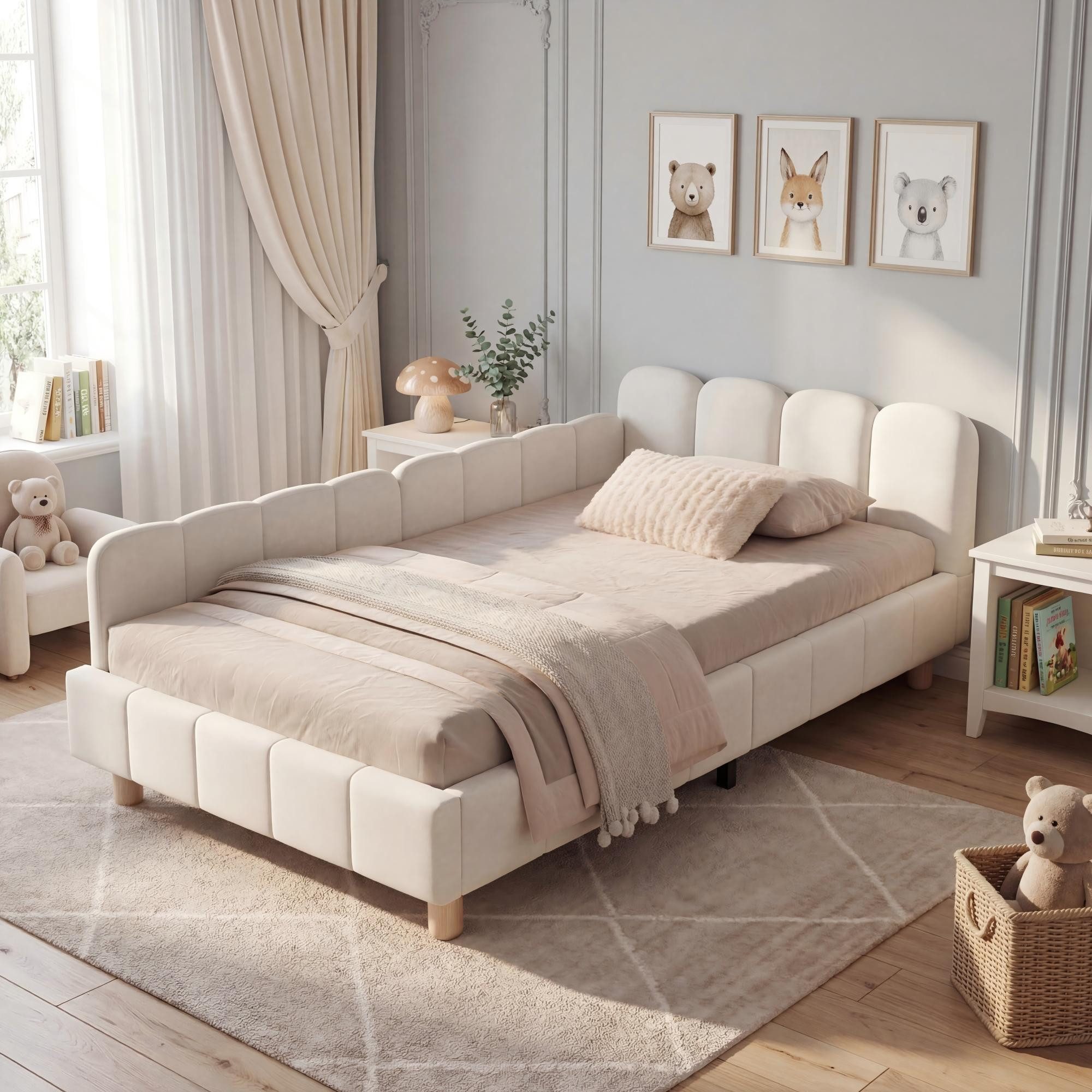 REDOM Polsterbett 90x200 cm mit Rausfallschutz aus Samt beige (Packung, 1-tlg., Gepolstertes Kopfteil), Massivholz-Beine, ideal als Kinder & Jugendliche( ohne Matratze)