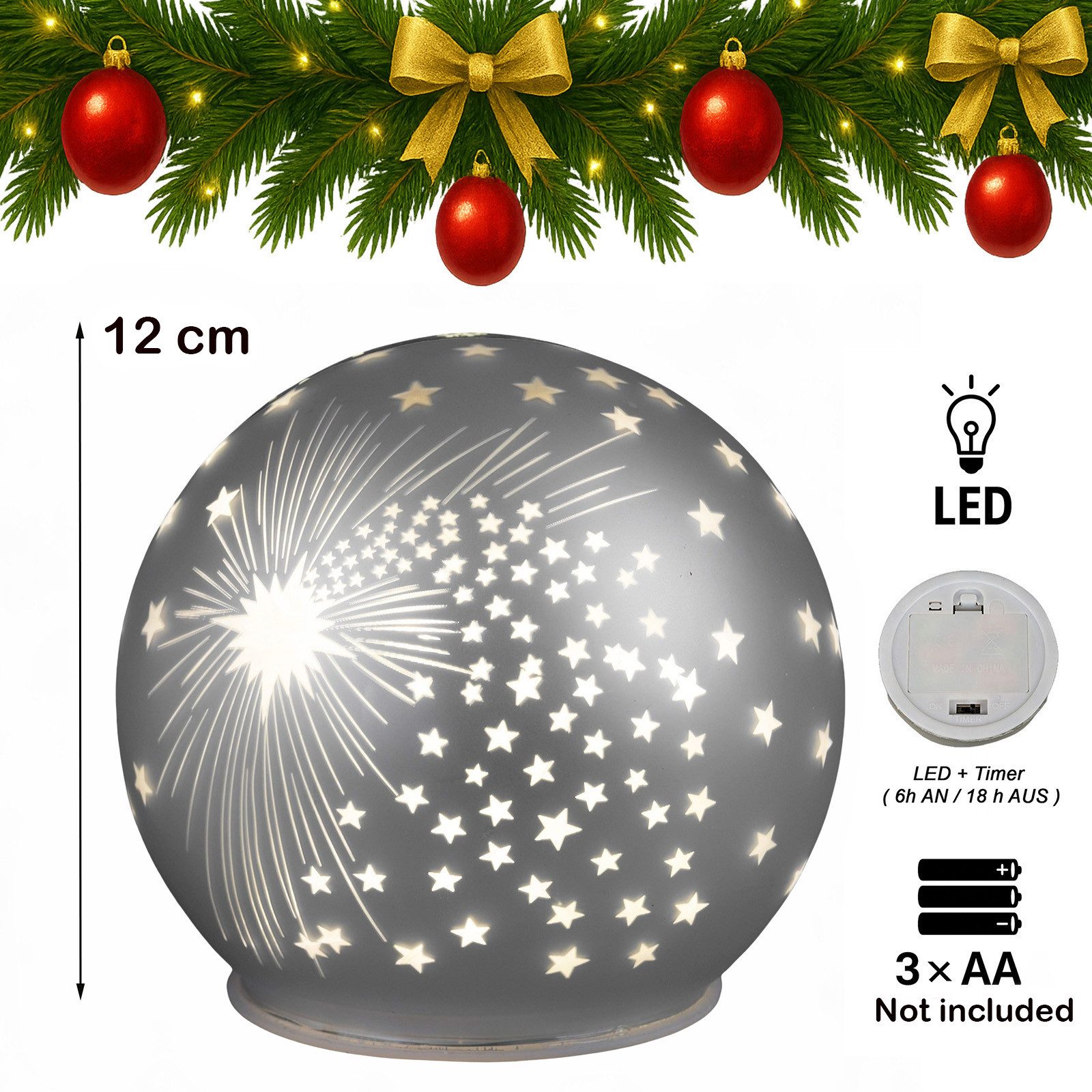 formano LED Dekolicht Deko-Kugel Silber Sterne 12 cm Timer 6h/18h Weihnachten Herbst Glas, LED fest integriert