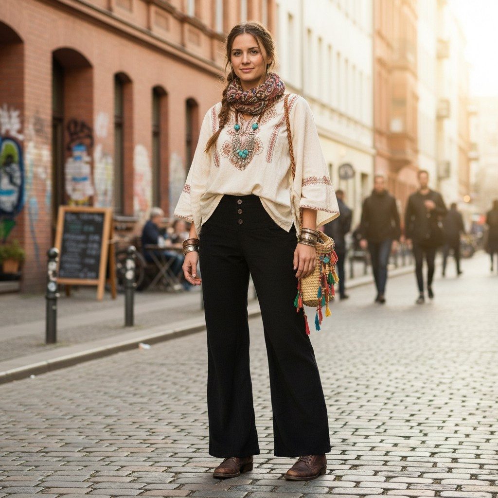 Guru-Shop Relaxhose Cordhose mit leicht ausgestelltem Bein - schwarz Ethno Style, alternative Bekleidung