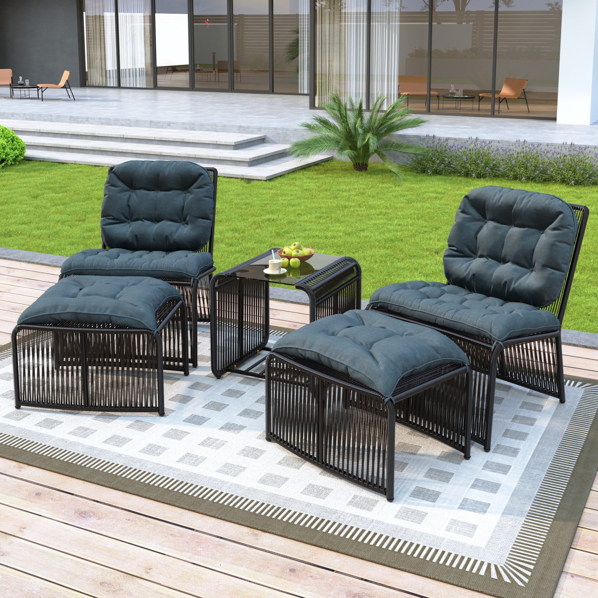 Merax Gartenlounge-Set aus Polyratten und Eisenrahmen, Loungeset mit Kissen & Glasplatte, (5-tlg., Loungeset für Terrasse, Balkon und Garten), 4-Sitzer Gartenmöbel Set mit Tisch, 2 Stühle und 2 Hocker