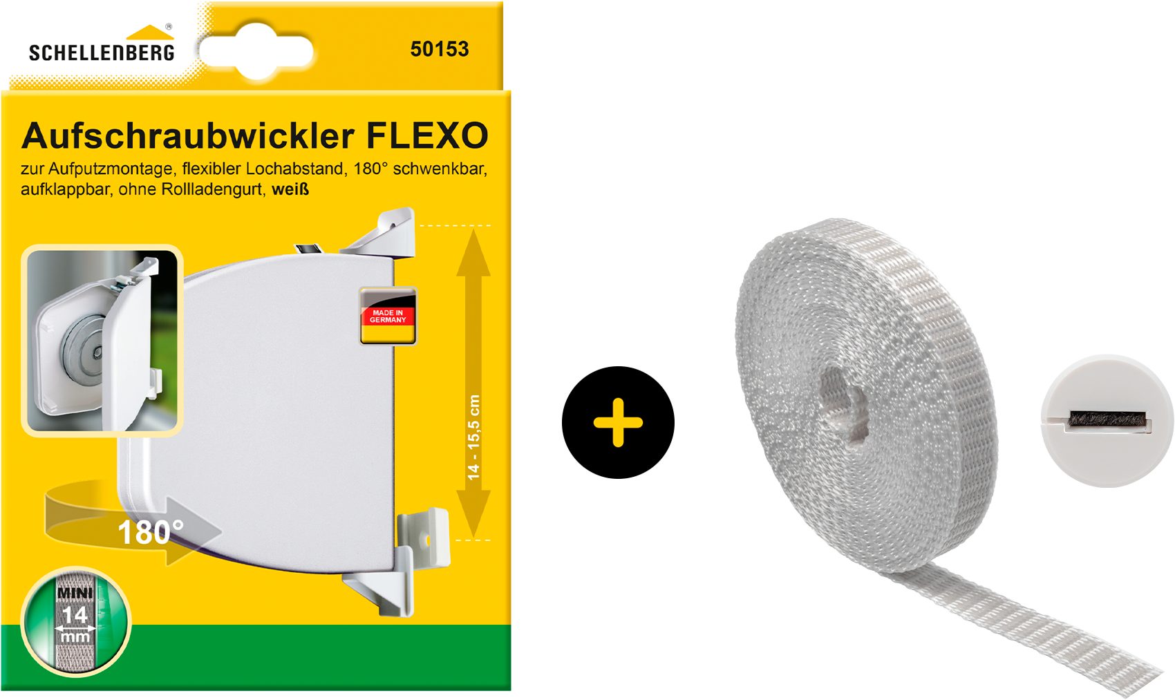 SCHELLENBERG Aufputz-Gurtwickler Flexo Rollladensystem Mini, inkl. Gurt grau und Gurtführung, Set, 1-tlg., Aufschraubwickler aufklappbar, höhenverstellbar, 180° schwenkbar weiß