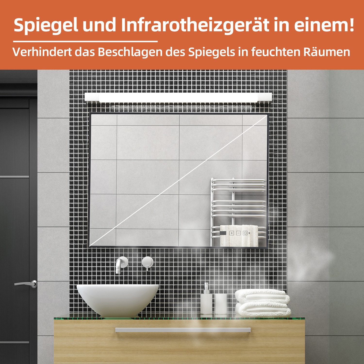 SHX Infrarotheizung, Infrarot-Spiegelheizung, Touch-Bedienelement, Timer-Funktion, Überhitzungsschutz, 7-Tage Programm, Spiegel aus Sicherheitsglas