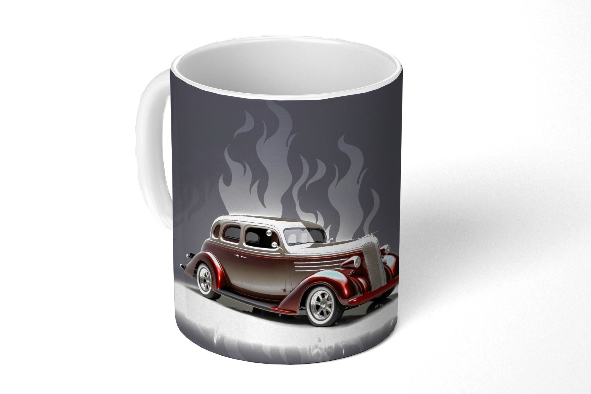 MuchoWow Tasse Auto - Weiß - Flammen - Vintage, Keramik, Kaffeetassen, Teetasse, Becher, Teetasse, Geschenk