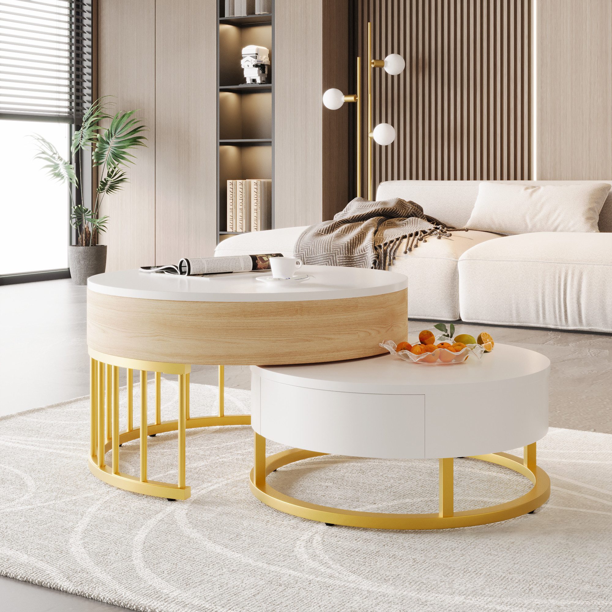 REDOM Couchtisch Beistelltisch höhenverstellbarer mit 2 Schubladen (Wohnzimmertisch, 2-St., Nesting-Design), mit Weiß-Holzoptik goldenen Metallrahmen