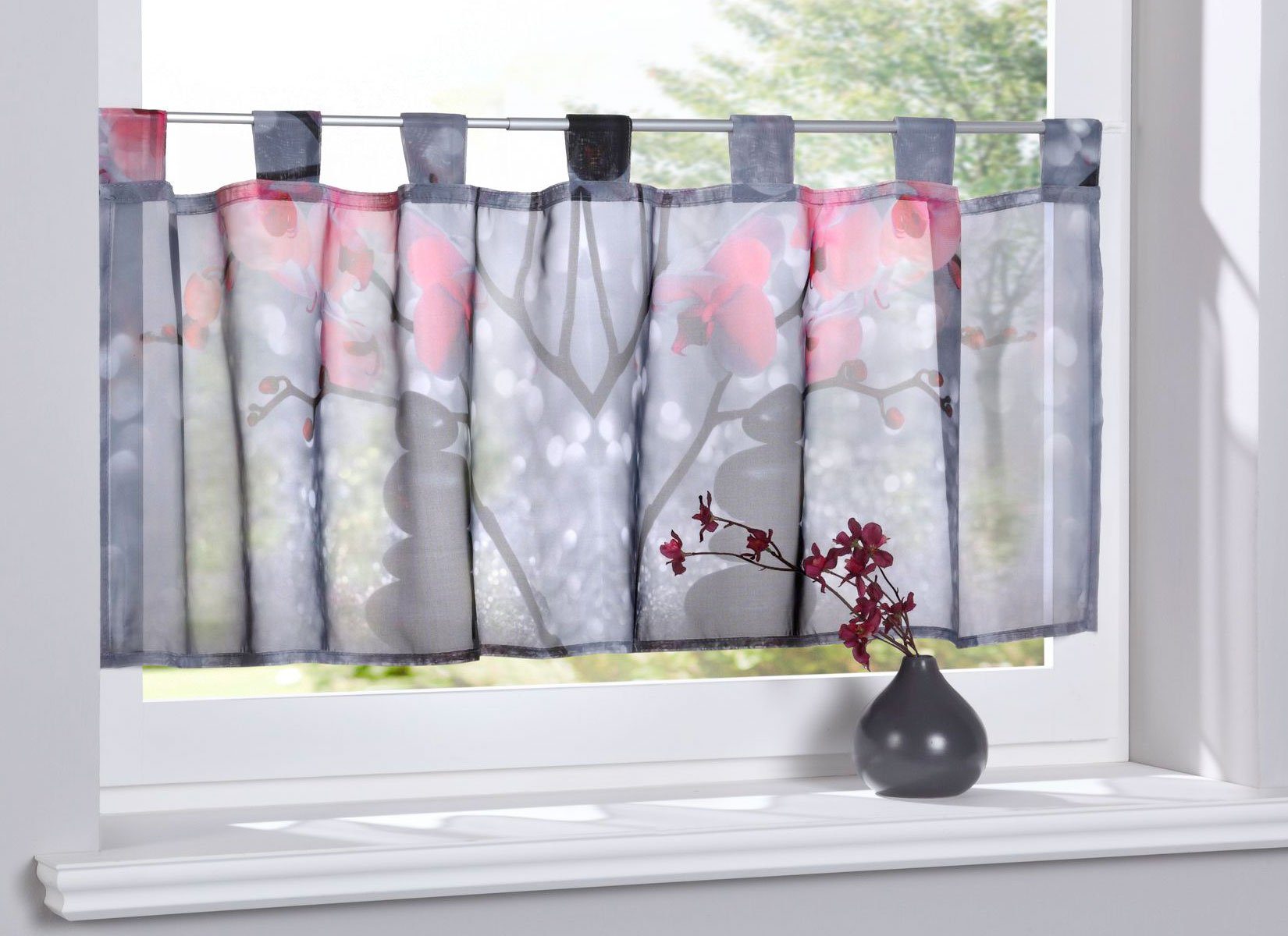 Druck« Scheibengardine, Voile Gardinenbox, St), Grau transparent, Kurzgardine 10000262 (1 Transparent »Digital Schlaufe Orchidee