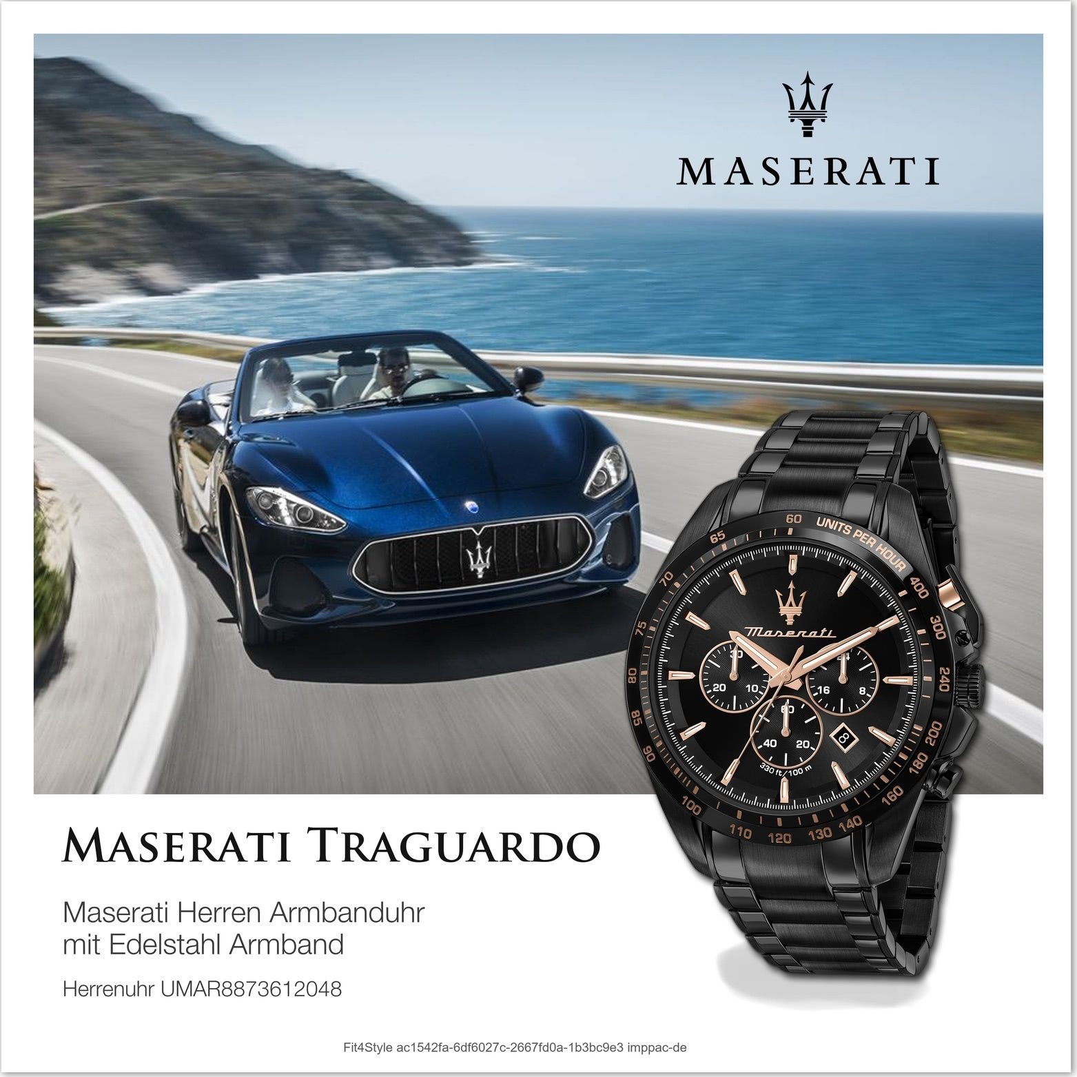 Gehäuse Chronograph, rosegold Maserati 45mm) Herrenuhr rundes Edelstahlarmband, (ca. Herrenuhr schwarz MASERATI Chronograph