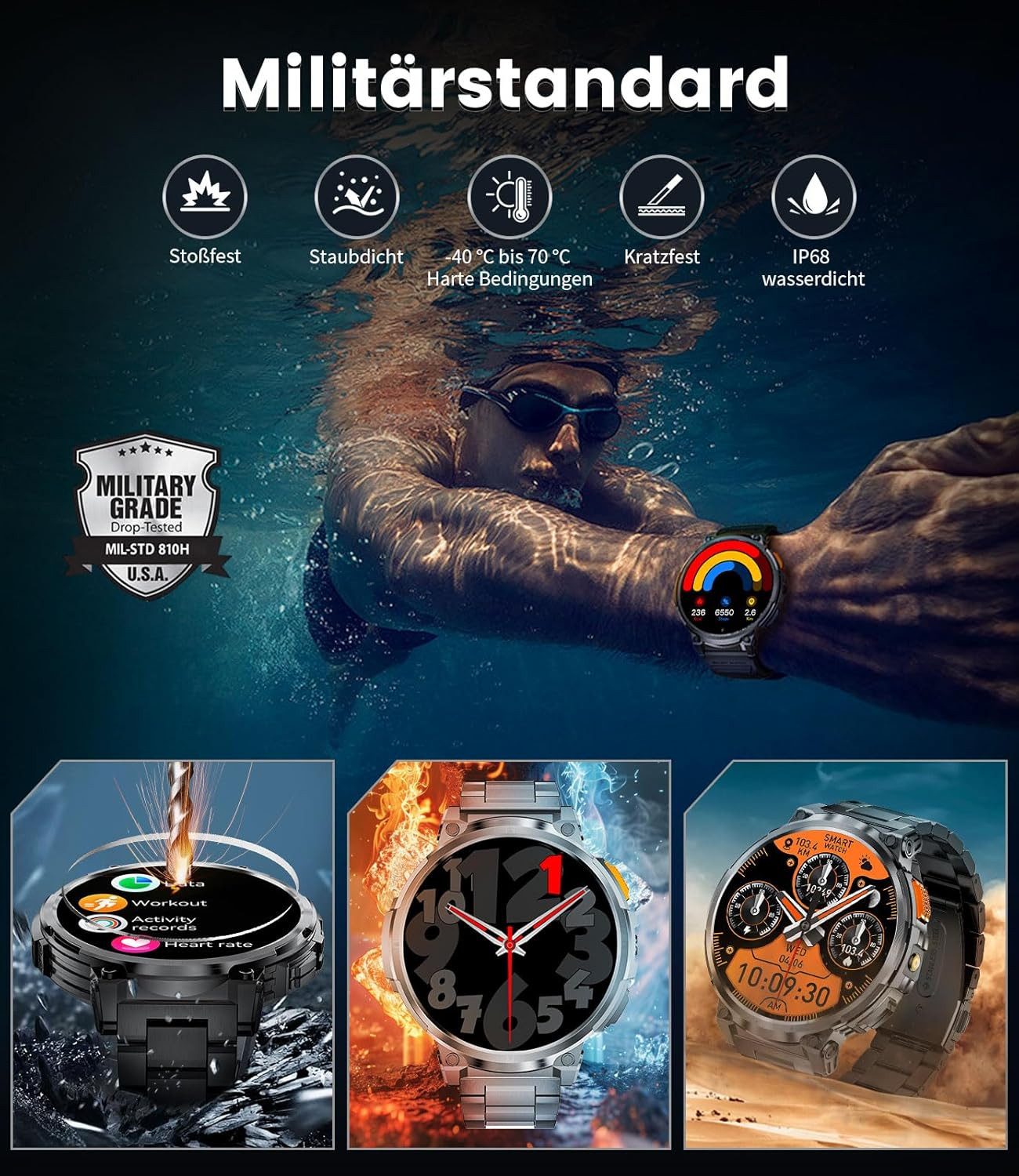 FoxBox FV6 Smartwatch (4,6 cm, android ios), Herren Outdoor Smartwatch mit 1.85" HD Display, LED Lampe