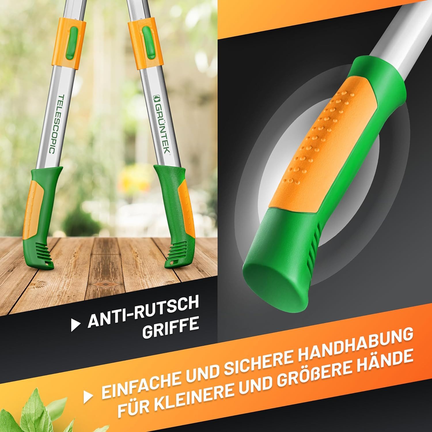 GRÜNTEK Astschere Teleskop-Astschere XT 685 - 940 mm, Bypass Smart-Cut Baumschere, Gehärtete Klinge mit 82 mm Länge, rutschfeste 2-Komponenten-Griffe