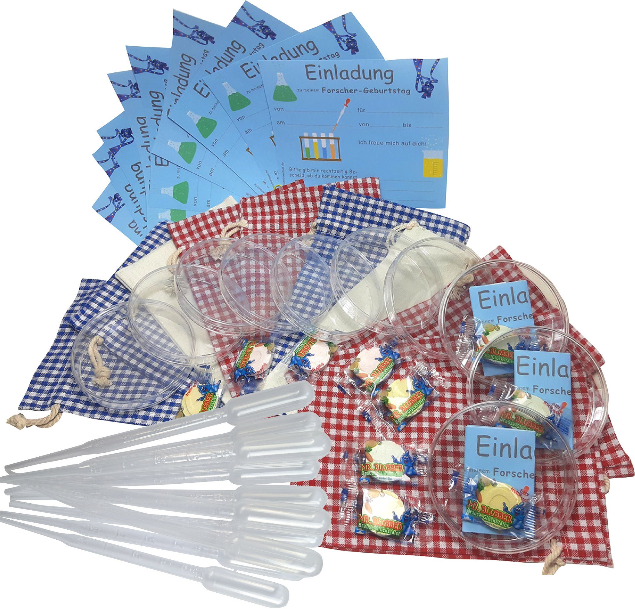 myExperimentSet Einladungskarten "Petrischale mit Einladungen und Säckchen", kleine Süßigkeit Pipetten, und Experiment